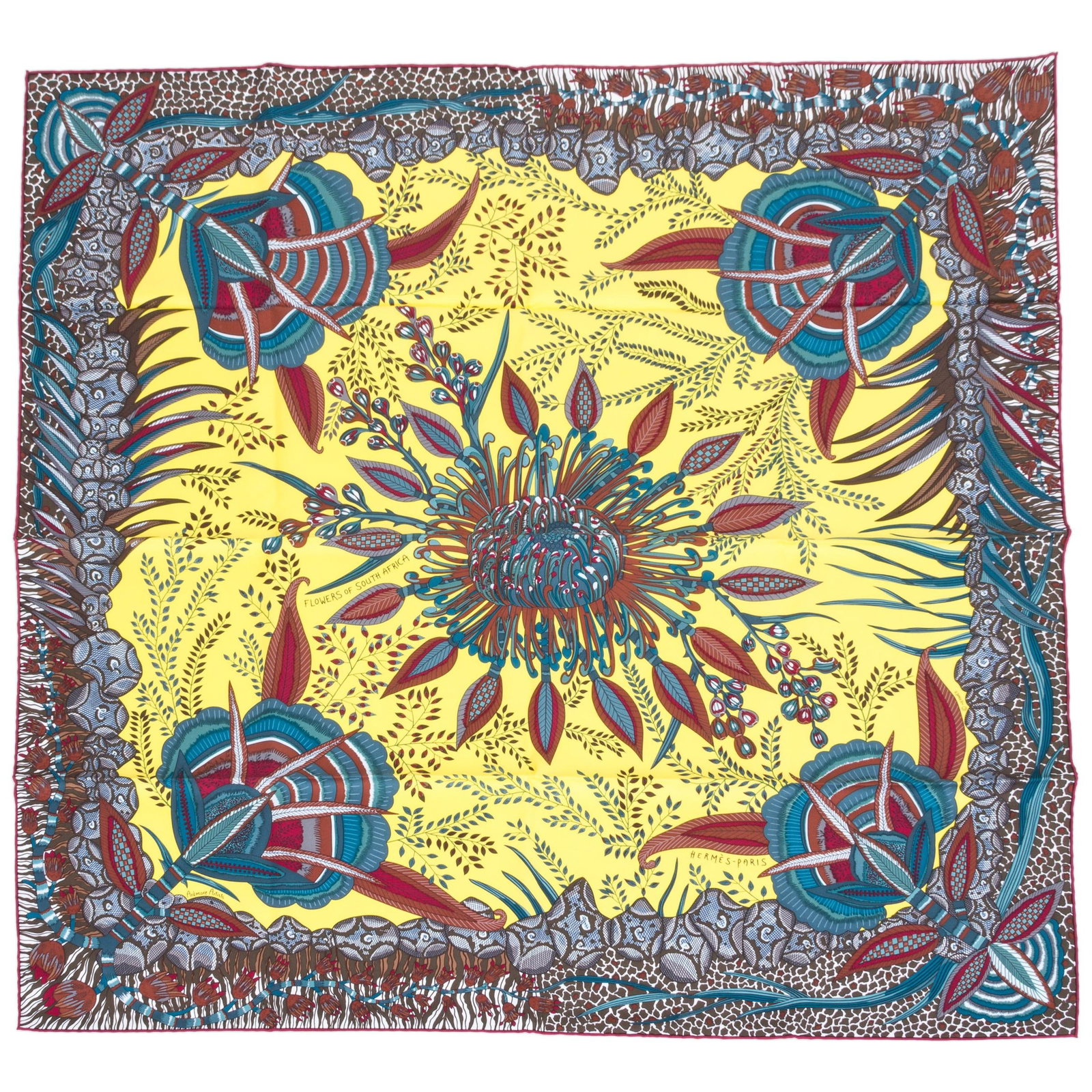 Hermes Flowers of South Africa Silk Twill Scarf 35 in by Ardmore Artists: Hermes Flowers of South Africa Silk Twill Scarf 35 in by Ardmore Artists Discover the elegance of the Hermes 'Flowers of South Africa' Silk Scarf, a stunning piece designed by Ardmore Artists. This lu