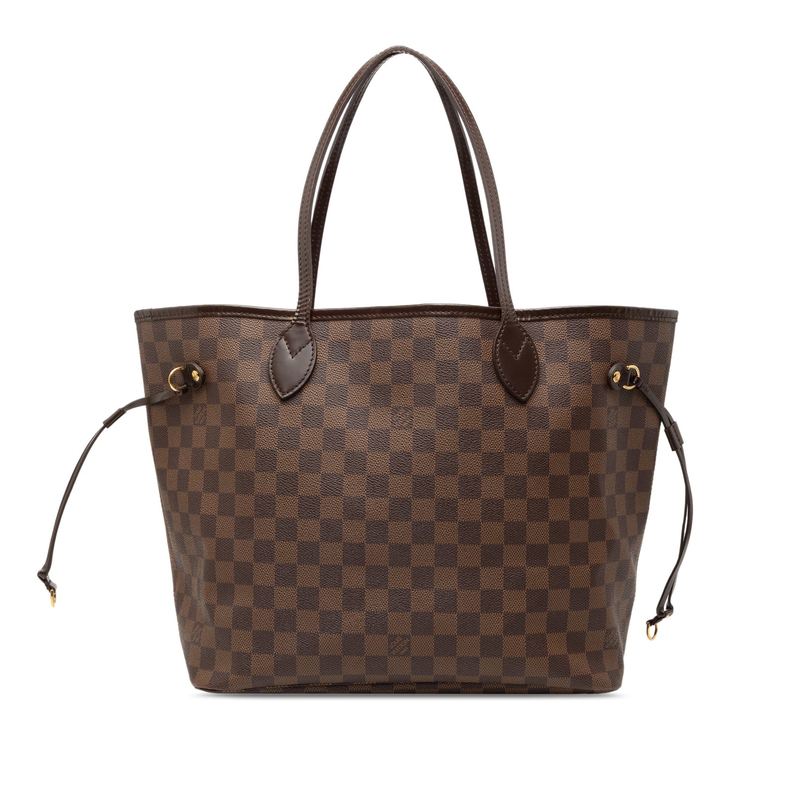 Louis Vuitton Neverfull MM Tote in Damier Ebene Canvas with Leather Trim: Louis Vuitton Neverfull MM Tote in Damier Ebene Canvas with Leather Trim This Louis Vuitton Neverfull MM in Damier Ebene features a signature damier canvas body with leather trim, flat leather shoulde