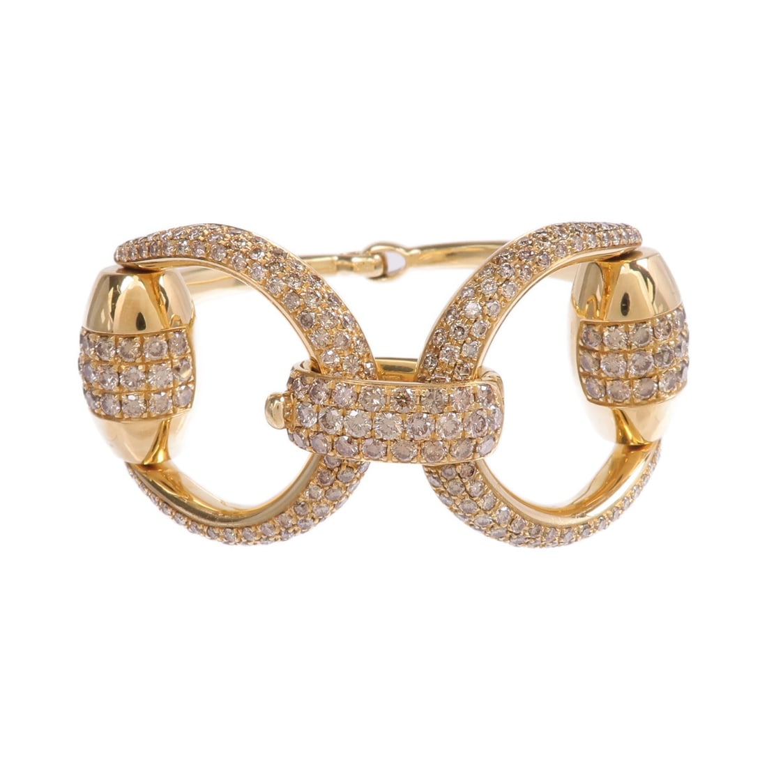 Gucci Horsebit 18K Yellow Gold Diamond Bracelet for Women: Gucci Horsebit 18K Yellow Gold Diamond Bracelet for Women This GUCCI GG Diamond Horsebit Bracelet is crafted in 18K yellow gold and features diamond accents. Designed for women, it showcases the iconi