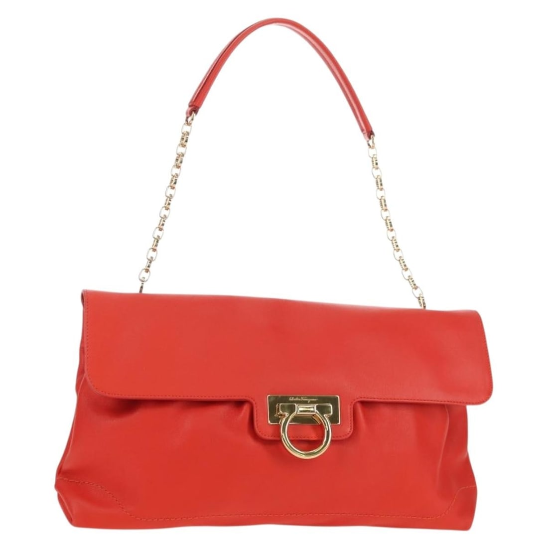 Salvatore Ferragamo Red Gold Leather Gancini Chain Handbag Dust Bag: Salvatore Ferragamo Red Gold Leather Gancini Chain Handbag Dust Bag This Salvatore Ferragamo Gancini chain handbag is crafted from red leather with gold-tone accents. It features a structured silhouet