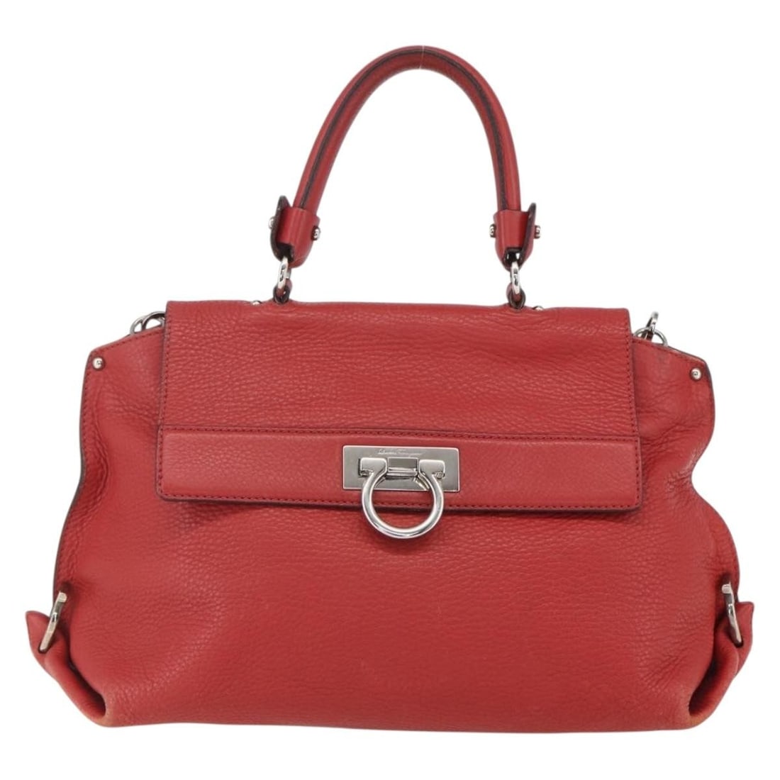 Red Grainy Leather Sofia Satchel by Salvatore Ferragamo 30cm: Red Grainy Leather Sofia Satchel by Salvatore Ferragamo 30cm This pre-owned Salvatore Ferragamo Sofia Satchel is crafted from red grainy leather and designed for women. It features metal fittings and 