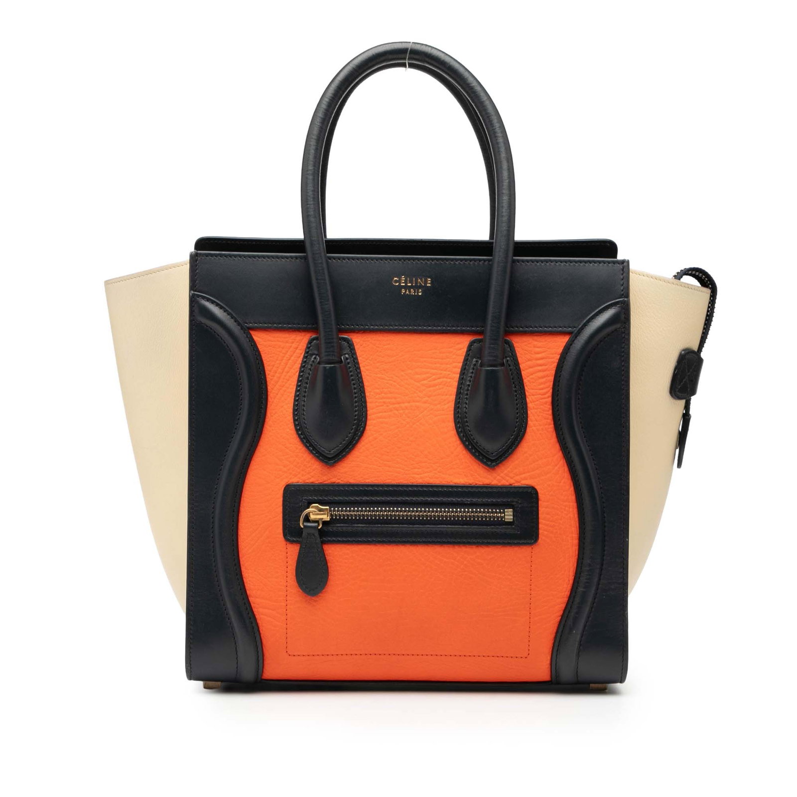 Celine Micro Luggage Tote in Tricolor Leather with Top Zip: Celine Micro Luggage Tote in Tricolor Leather with Top Zip This Celine Micro Tricolor Leather Luggage Tote features a leather body, rolled leather handles, a top zip closure, an exterior front zip poc