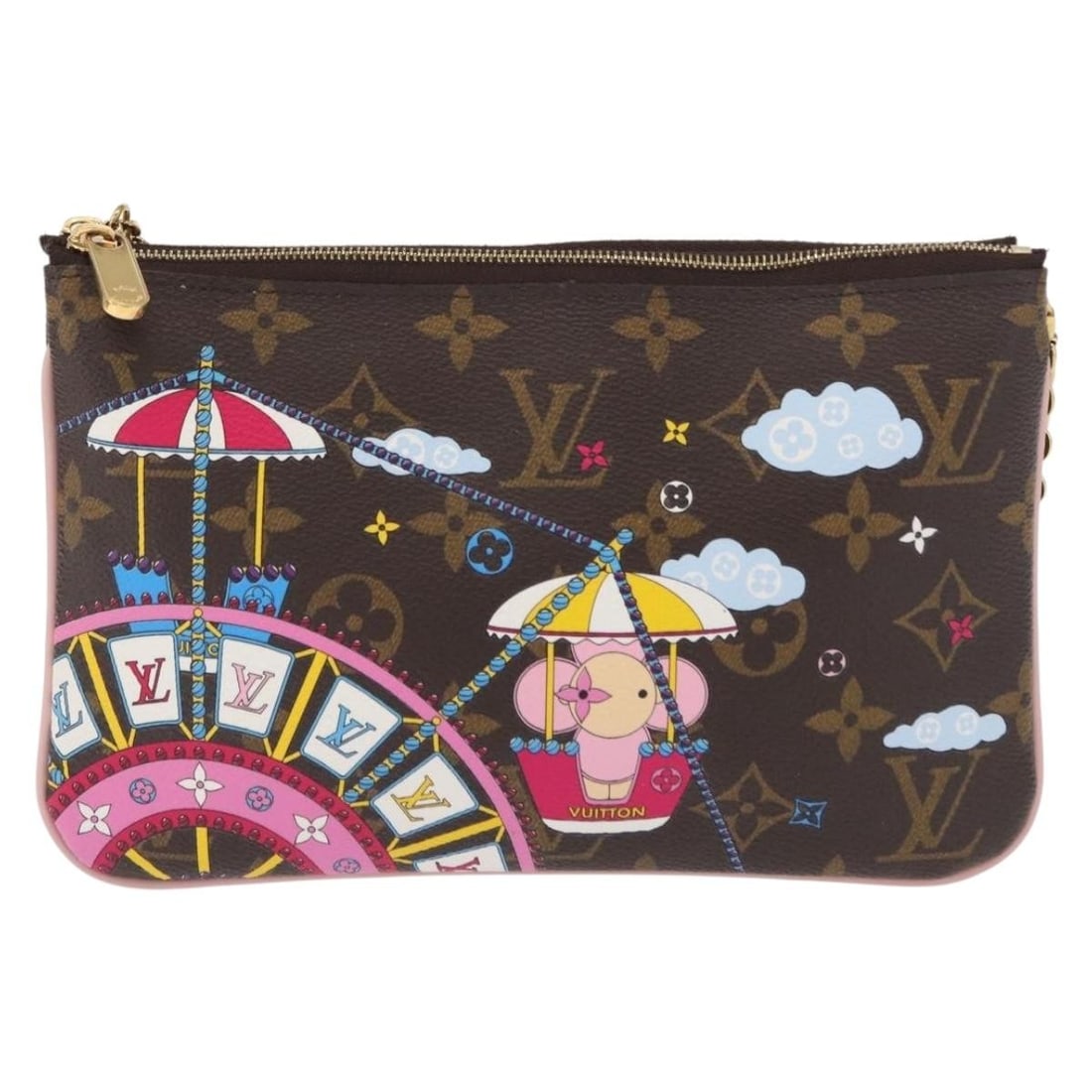 Limited Edition Vivienne Xmas Double Zip Pochette by Louis Vuitton: Limited Edition Vivienne Xmas Double Zip Pochette by Louis Vuitton This Louis Vuitton Double Zip Pochette is a limited edition from the Vivienne Xmas collection, crafted in brown monogram canvas. Desi
