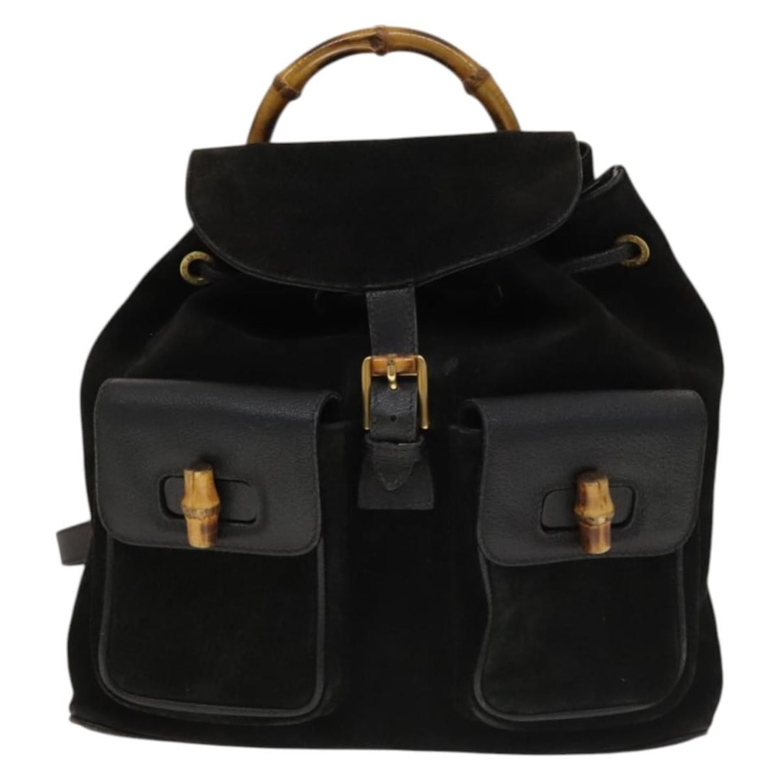 Black Gucci Bamboo Backpack in Vintage Suede and Leather: Black Gucci Bamboo Backpack in Vintage Suede and Leather This Gucci Vintage Bamboo Backpack features black suede and leather construction, designed for women. It has a classic bamboo handle and adjust