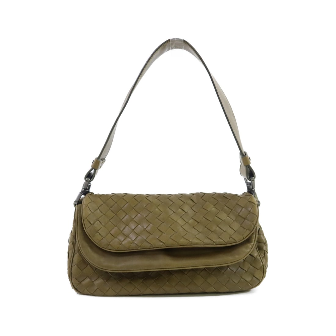 Green Intrecciato Leather Handbag by Bottega Veneta: Green Intrecciato Leather Handbag by Bottega Veneta This Bottega Veneta handbag features the signature Intrecciato leather in a refined green color. Crafted in Italy, it offers a compact and stylish d
