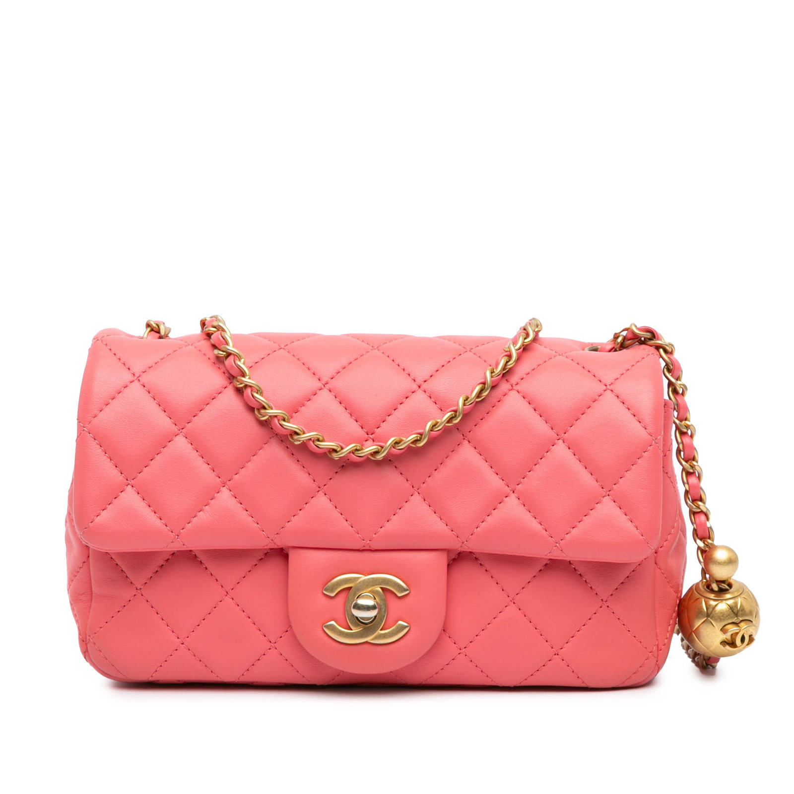 Pink Chanel Pearl Crush Mini Classic Quilted Lambskin Crossbody Flap Bag: Pink Chanel Pearl Crush Mini Classic Quilted Lambskin Crossbody Flap Bag This Chanel Mini Rectangular Classic Pearl Crush Single Flap bag is crafted from quilted lambskin leather in pink and features 
