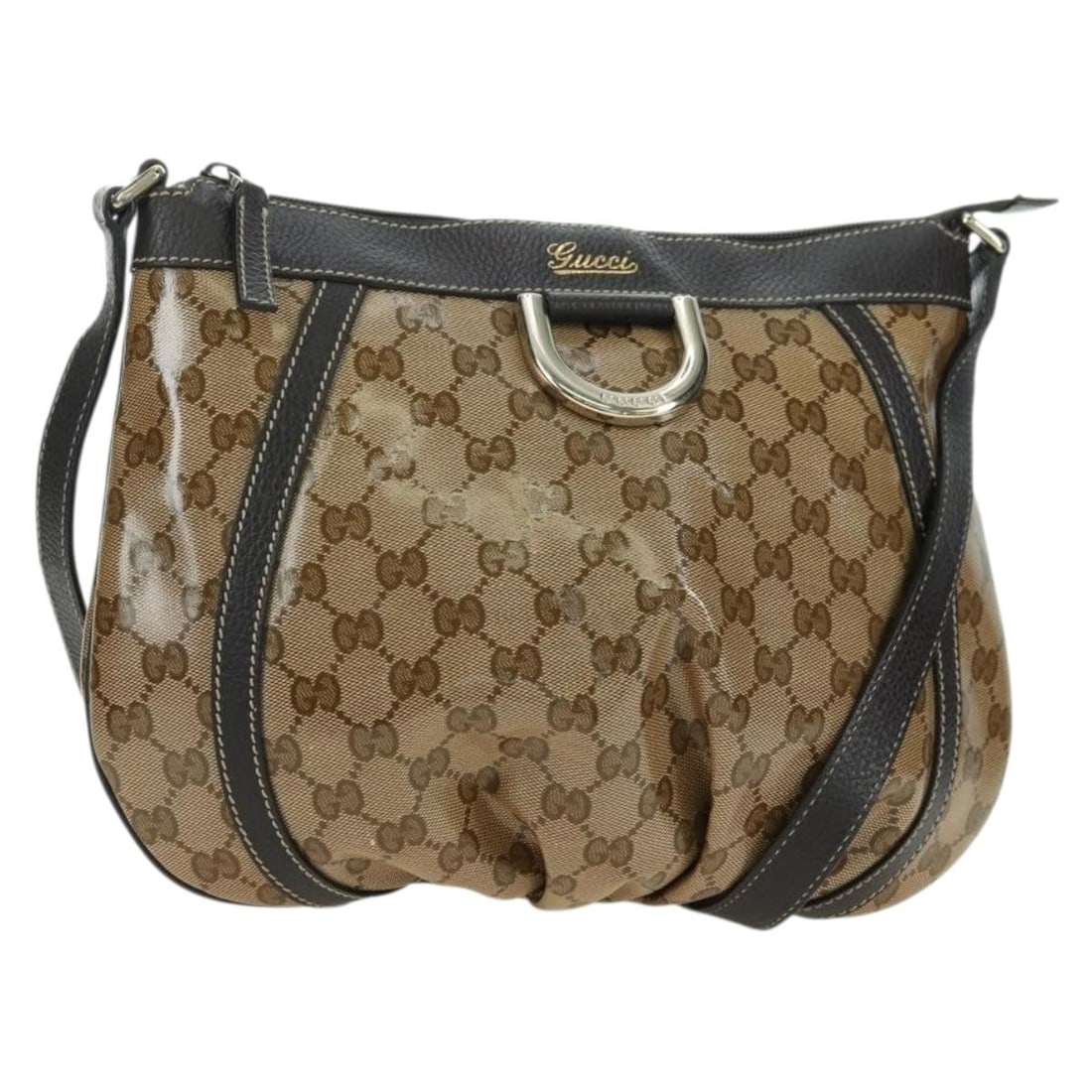 Gucci Abbey GG Crystal coated canvas shoulder bag beige brown: Gucci Abbey GG Crystal coated canvas shoulder bag beige brown This GUCCI GG Crystal Abbey Shoulder Bag is crafted from coated canvas in a beige and brown color scheme, featuring the signature GG patte