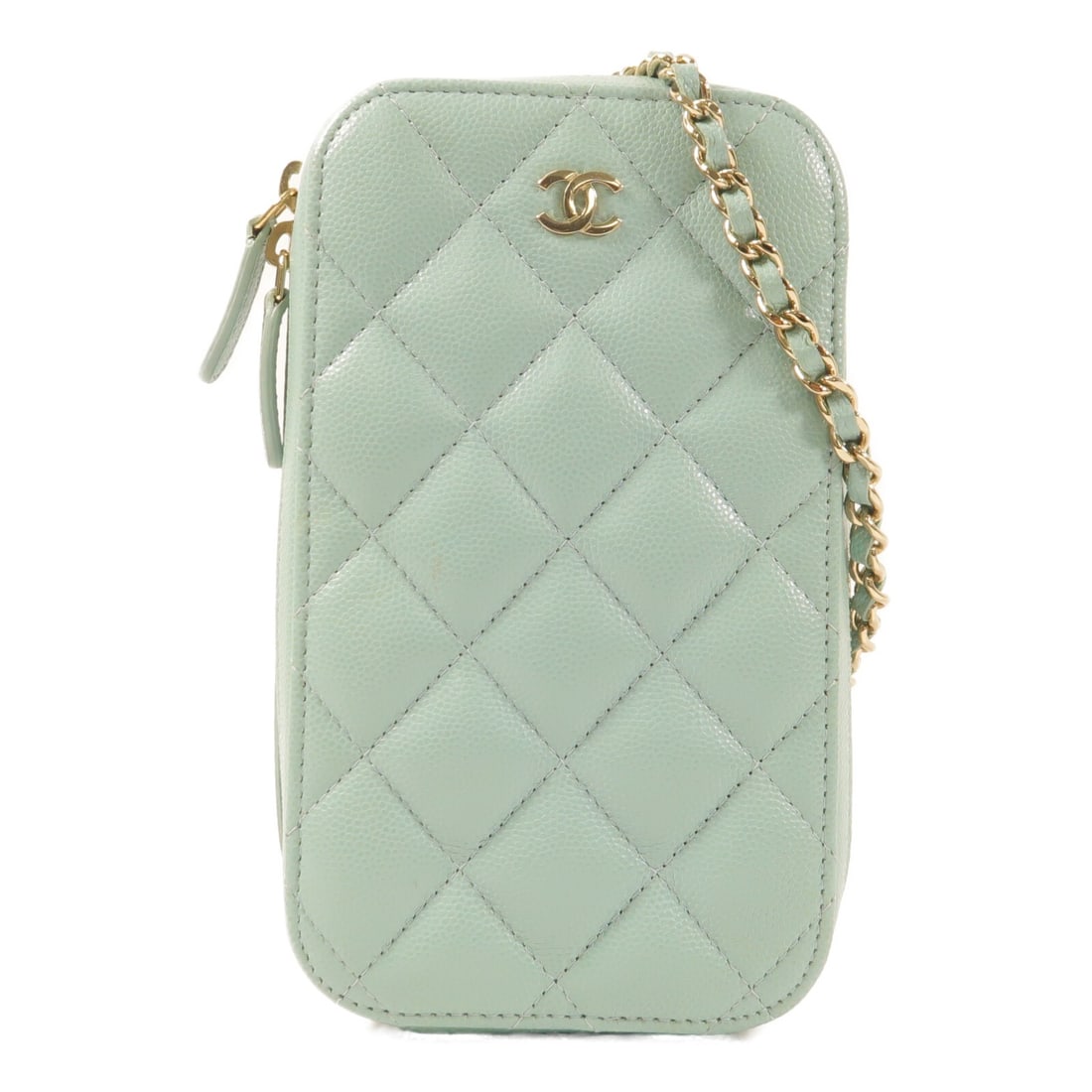 Chanel Blue Calfskin CC Phone Shoulder Bag with Gold Chain: Chanel Blue Calfskin CC Phone Shoulder Bag with Gold Chain This CHANEL CC phone case shoulder bag is crafted from high-quality blue calfskin leather. Featuring a chain shoulder strap, it is designed f