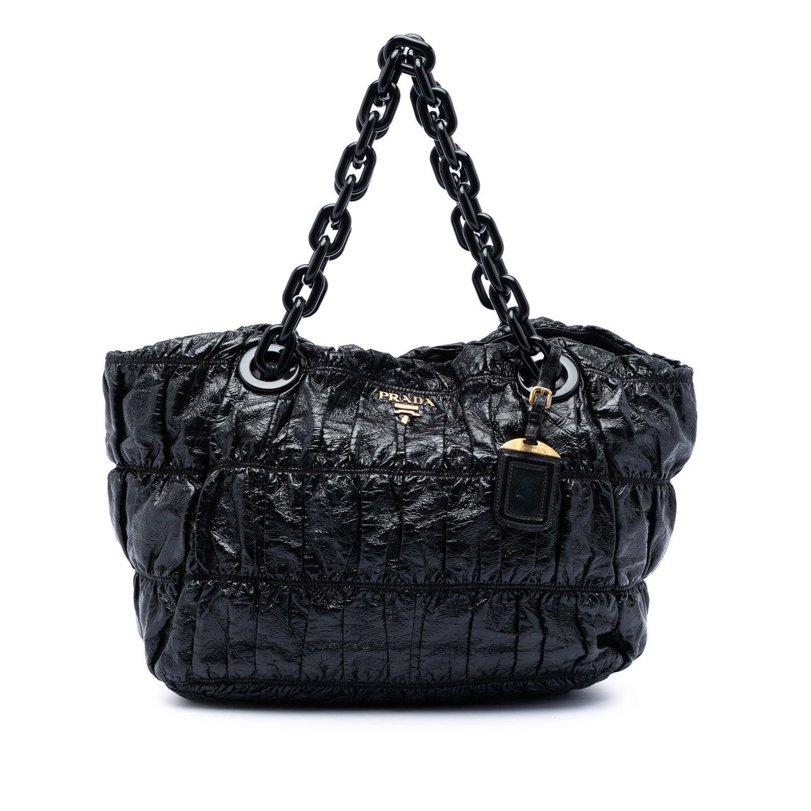 Prada Vernice Gaufre Black Patent Leather Tote with Resin Chain Handles: Prada Vernice Gaufre Black Patent Leather Tote with Resin Chain Handles This Prada Vernice Gaufre Resin Chain Shopping Tote features a gathered black patent leather body, resin chain handles, an open 