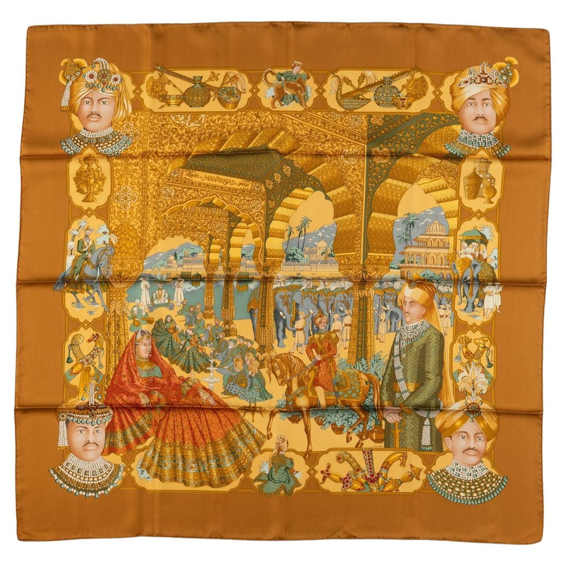 Hermes Splendeur des Maharajas Silk Scarf 35in by Catherine Baschet: Hermes Splendeur des Maharajas Silk Scarf 35in by Catherine Baschet This exquisite Hermes "Splendeur des Maharajas" scarf is a stunning piece designed by Catherine Baschet in 1996. Crafted from 100% s