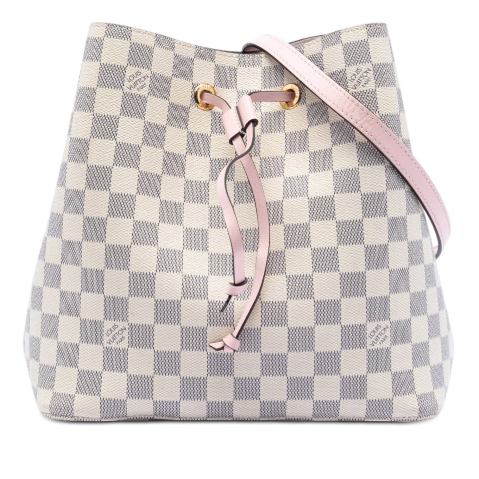 Louis Vuitton Neonoe MM Shoulder Bag in Damier Azur Canvas: Louis Vuitton Neonoe MM Shoulder Bag in Damier Azur Canvas The Louis Vuitton Damier Azur Neonoe MM is crafted from damier azur canvas and features a flat leather strap, an open top with a drawstring c