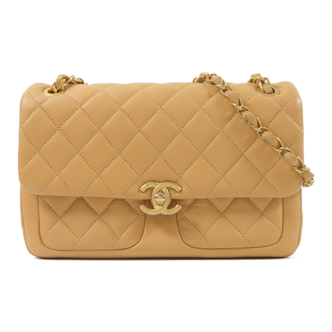 CHANEL Beige Calfskin Flap Shoulder Bag GHW: CHANEL Beige Calfskin Flap Shoulder Bag GHW This CHANEL shoulder bag features a classic flap design crafted from beige calfskin leather. The bag is accented with the iconic CC logo and gold-tone hardw