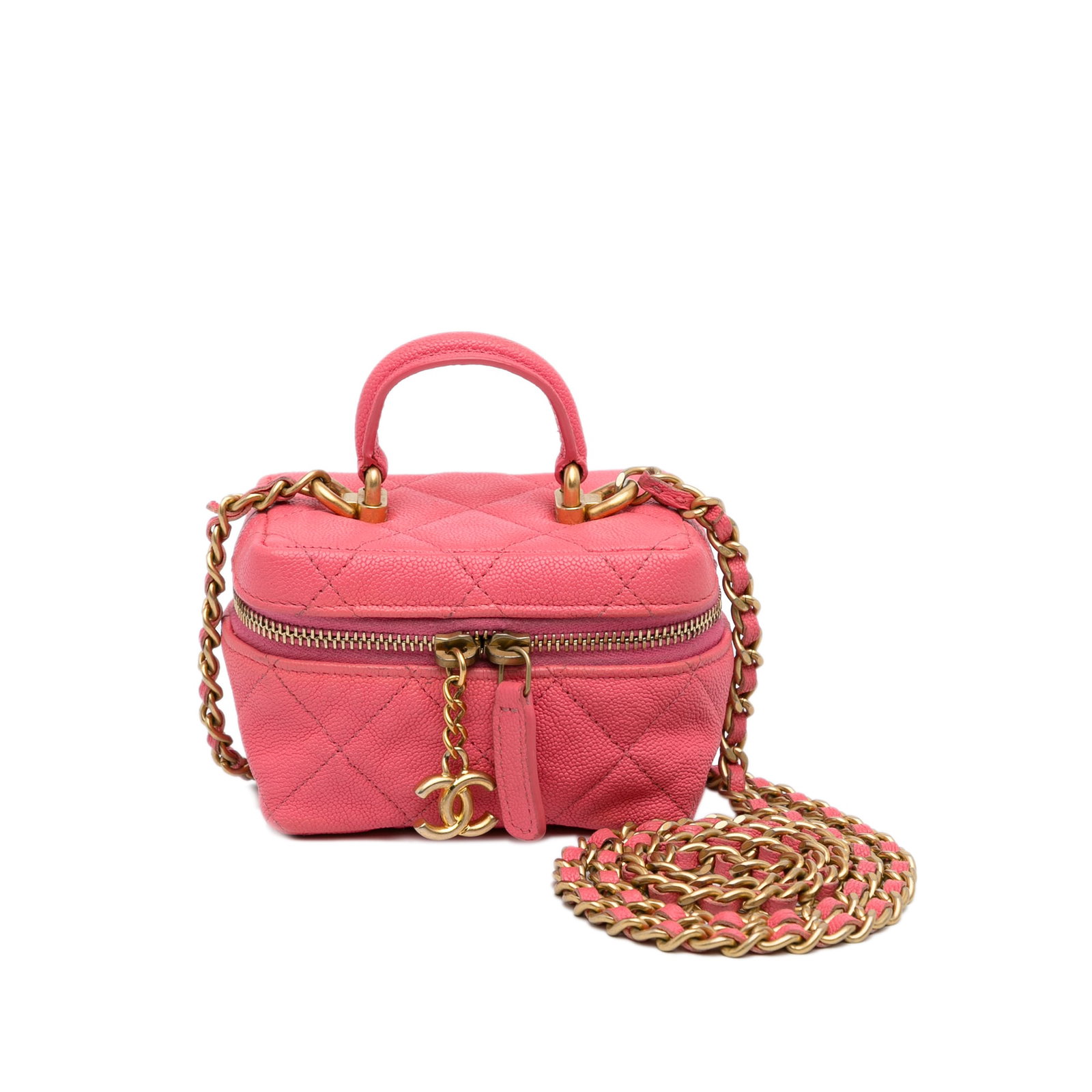 Chanel Micro Caviar Chain Vanity Bag Pink Leather: Chanel Micro Caviar Chain Vanity Bag Pink Leather Introducing the Chanel Micro Caviar Chain Vanity Bag, a chic accessory that epitomizes luxury and style. This elegant bag is crafted from quilted cavi