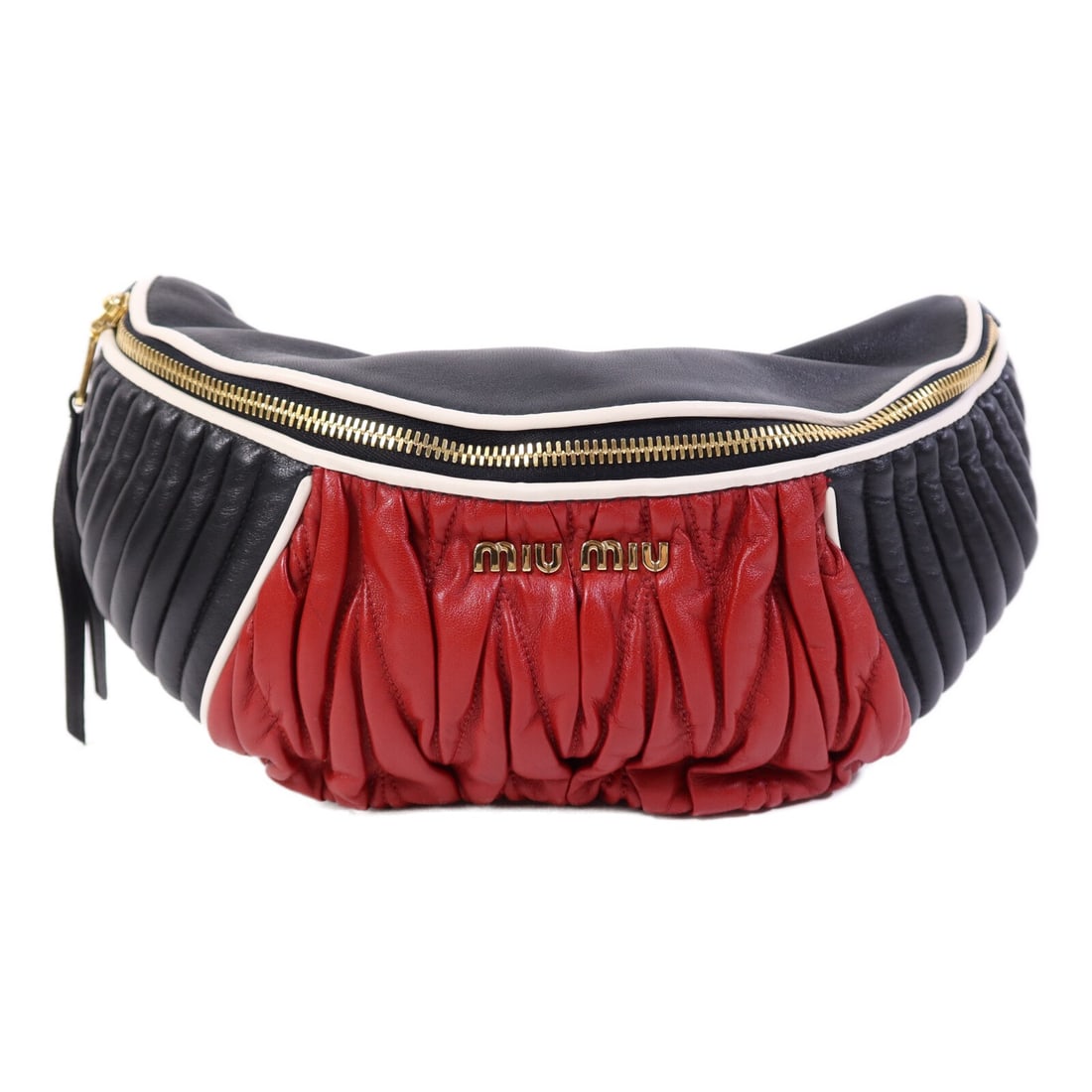 Miu Miu Red Black Calfskin Leather GHW Rider Waist Bag: Miu Miu Red Black Calfskin Leather GHW Rider Waist Bag This stylish Miu Miu waist bag is crafted from high-quality calfskin leather, featuring a striking black exterior. Designed for both functionalit
