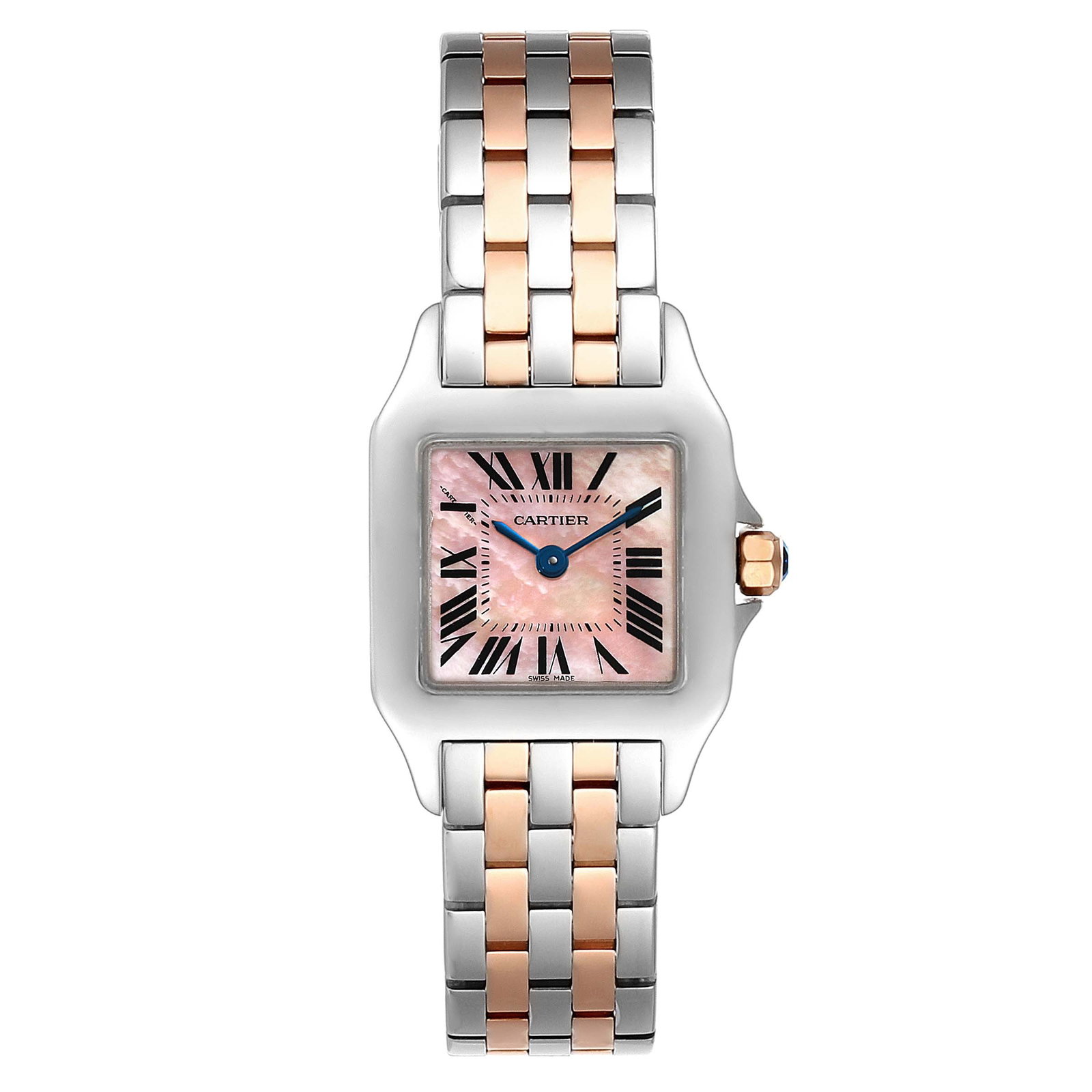 Panthere Watch 18K Rose Gold Steel Pink Mop Dial Ref W25074Y9 22mm: Panthere Watch 18K Rose Gold Steel Pink Mop Dial Ref W25074Y9 22mm This Cartier Panthere timepiece features a 22.0 x 22.0 mm case crafted from 18K rose gold and stainless steel. The watch is highlight
