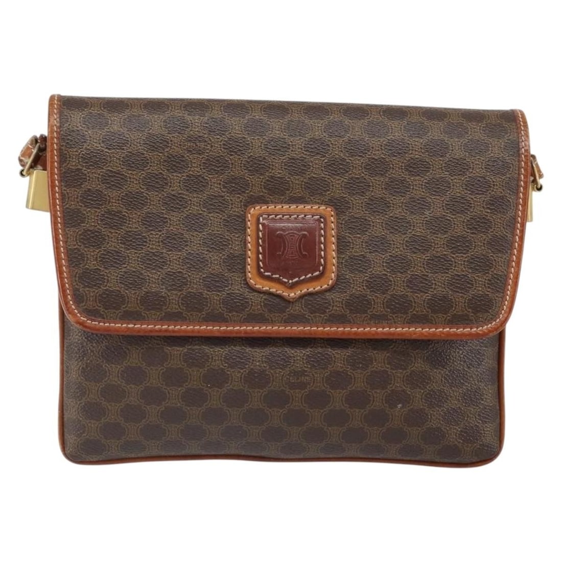 Vintage Celine Macadam Canvas and Leather Shoulder Bag: Vintage Celine Macadam Canvas and Leather Shoulder Bag This vintage Celine Macadam shoulder bag for women features a brown canvas body with leather accents. It measures 22cm x 17cm x 1.5cm and is made