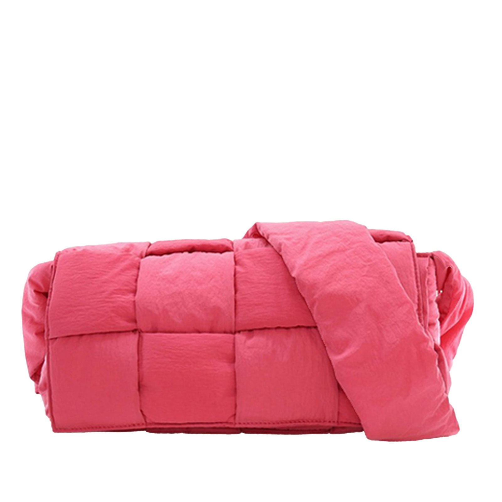Bottega Veneta Pink Woven Nylon Padded Cassette Crossbody Bag: Bottega Veneta Pink Woven Nylon Padded Cassette Crossbody Bag This Bottega Veneta Padded Cassette crossbody bag features a woven nylon body in the brand's signature Intrecciato design. It includes a f
