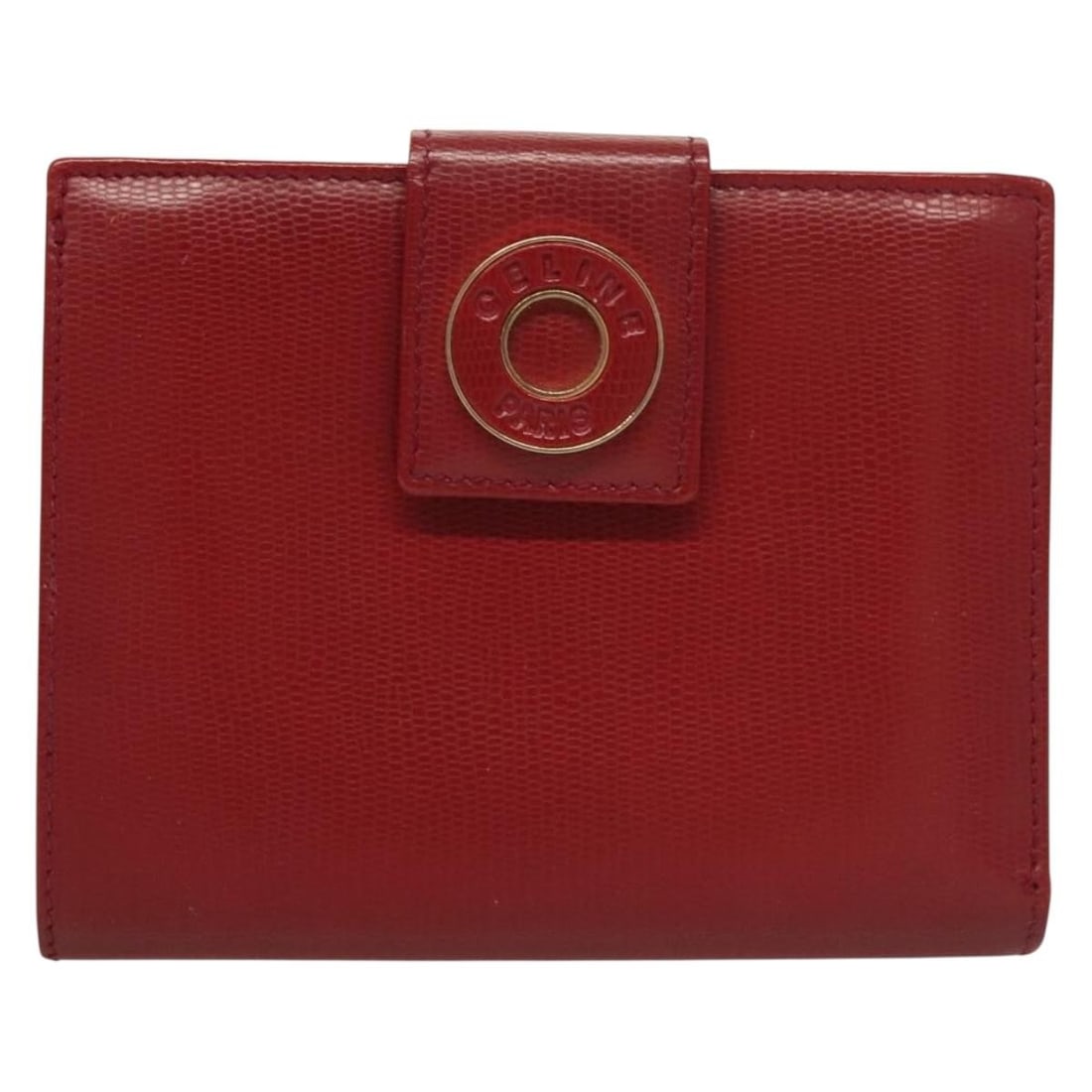 Celine Leather Compact Wallet in Red with Circle Logo: Celine Leather Compact Wallet in Red with Circle Logo This Celine Circle Logo Compact Wallet is crafted from red leather and designed for women. It features a compact design suitable for everyday use.