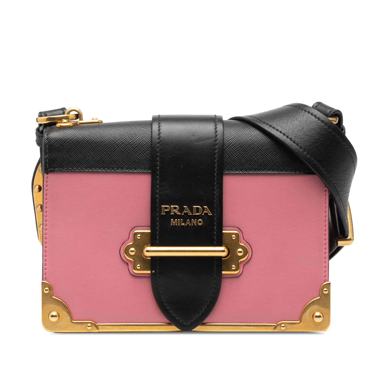 Prada Cahier Pink Leather Crossbody Bag with Saffiano Trim: Prada Cahier Pink Leather Crossbody Bag with Saffiano Trim This Prada Cahier crossbody bag features a calf leather body with saffiano leather trim and metal details. It has a chain link strap with a l