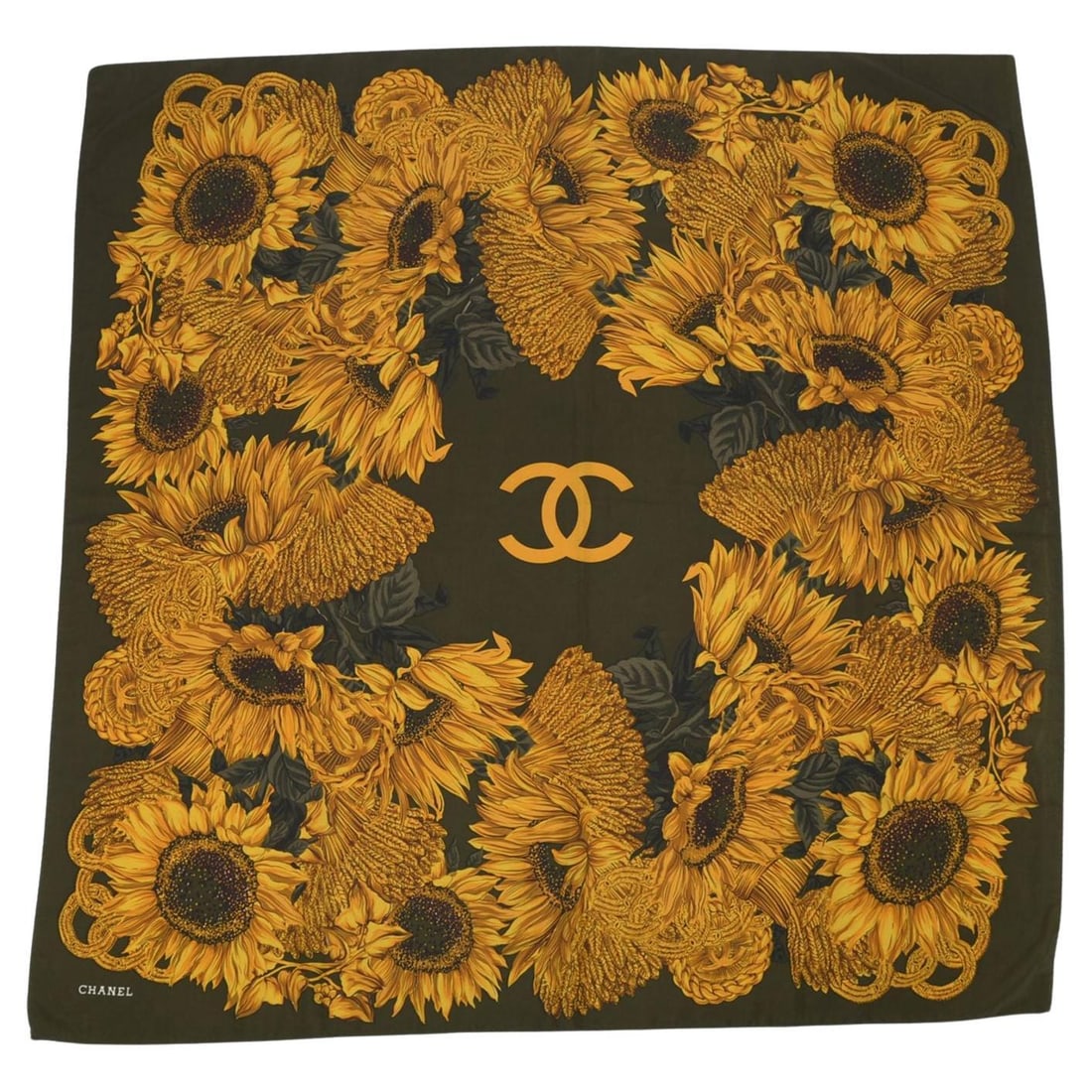 Sunflower Print Silk Scarf by Chanel with CC Logo 34 Inch Square: Sunflower Print Silk Scarf by Chanel with CC Logo 34 Inch Square This Chanel scarf features the signature CC logo and a sunflower motif, crafted from 100% silk with hand-rolled edges. Made in Italy, t