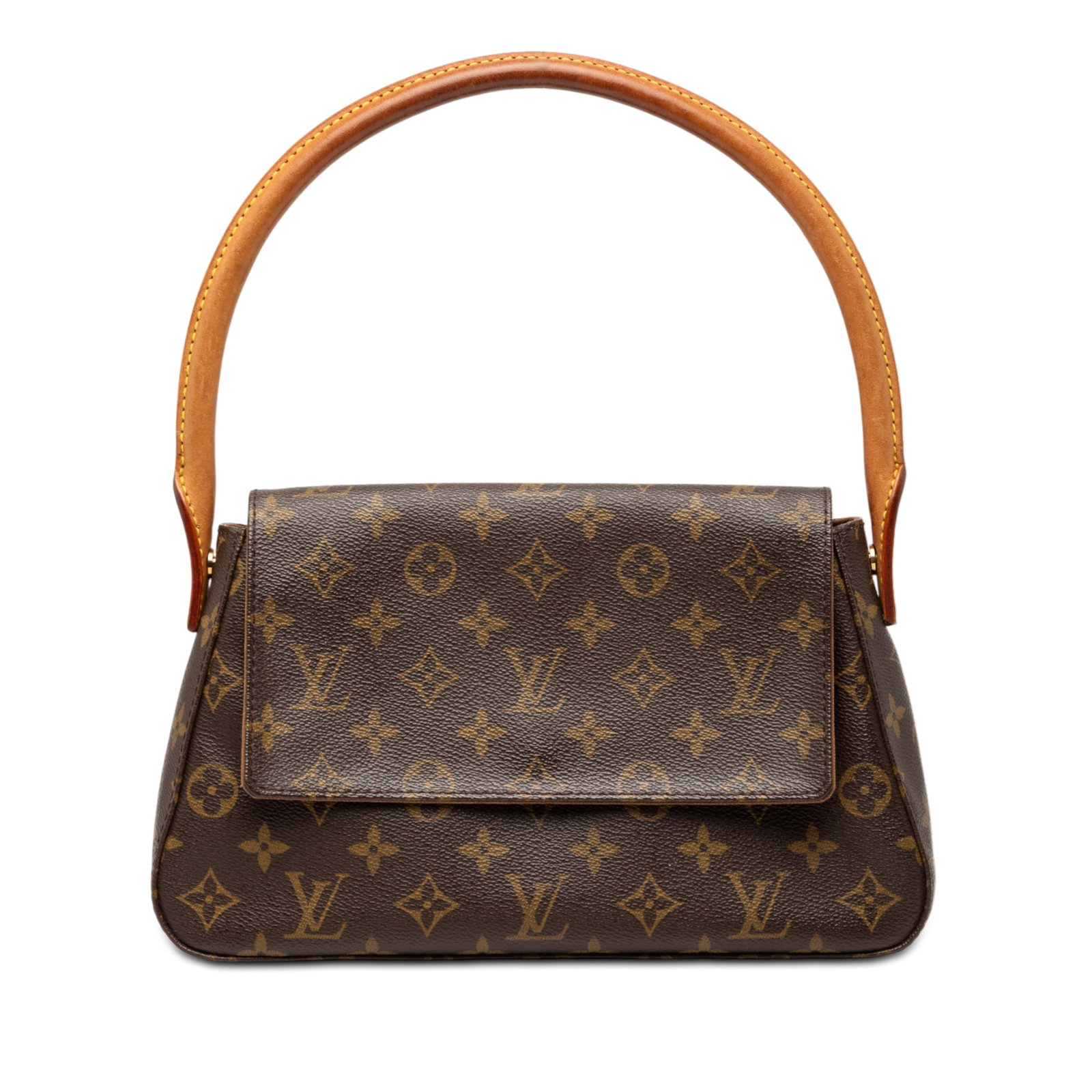 Louis Vuitton Mini Looping Bag in Monogram Canvas with Leather Handle: Louis Vuitton Mini Looping Bag in Monogram Canvas with Leather Handle This Louis Vuitton Monogram Mini Looping bag features the classic monogram canvas body, a rolled vachetta leather handle, a flap w