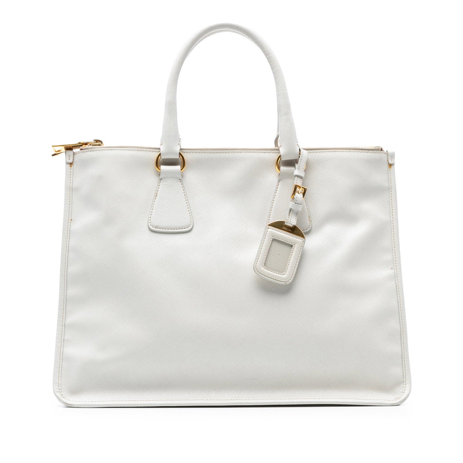 Prada Saffiano Lux Double Zip Tote White Leather Bag: Prada Saffiano Lux Double Zip Tote White Leather Bag Elevate your accessory collection with the Prada Saffiano Lux Double Zip Tote, expertly crafted from luxurious saffiano leather in a stunning white