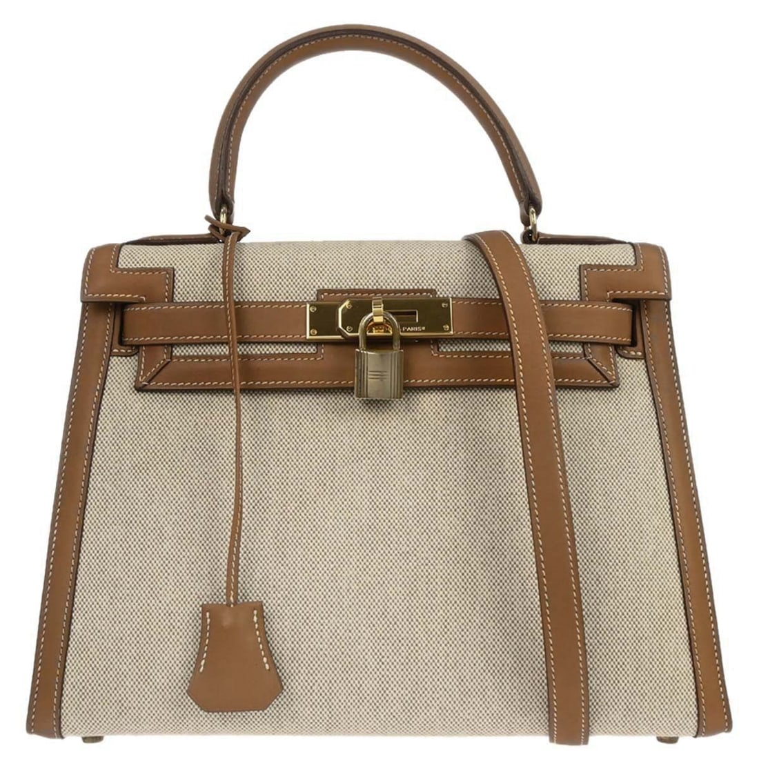 Hermes Kelly 28 Beige Toile and Vache Leather Two Way Top Handle Bag: Hermes Kelly 28 Beige Toile and Vache Leather Two Way Top Handle Bag This Hermes Kelly 28 Sellier handbag features a beige natural toile H and vache leather exterior with a structured silhouette. It o