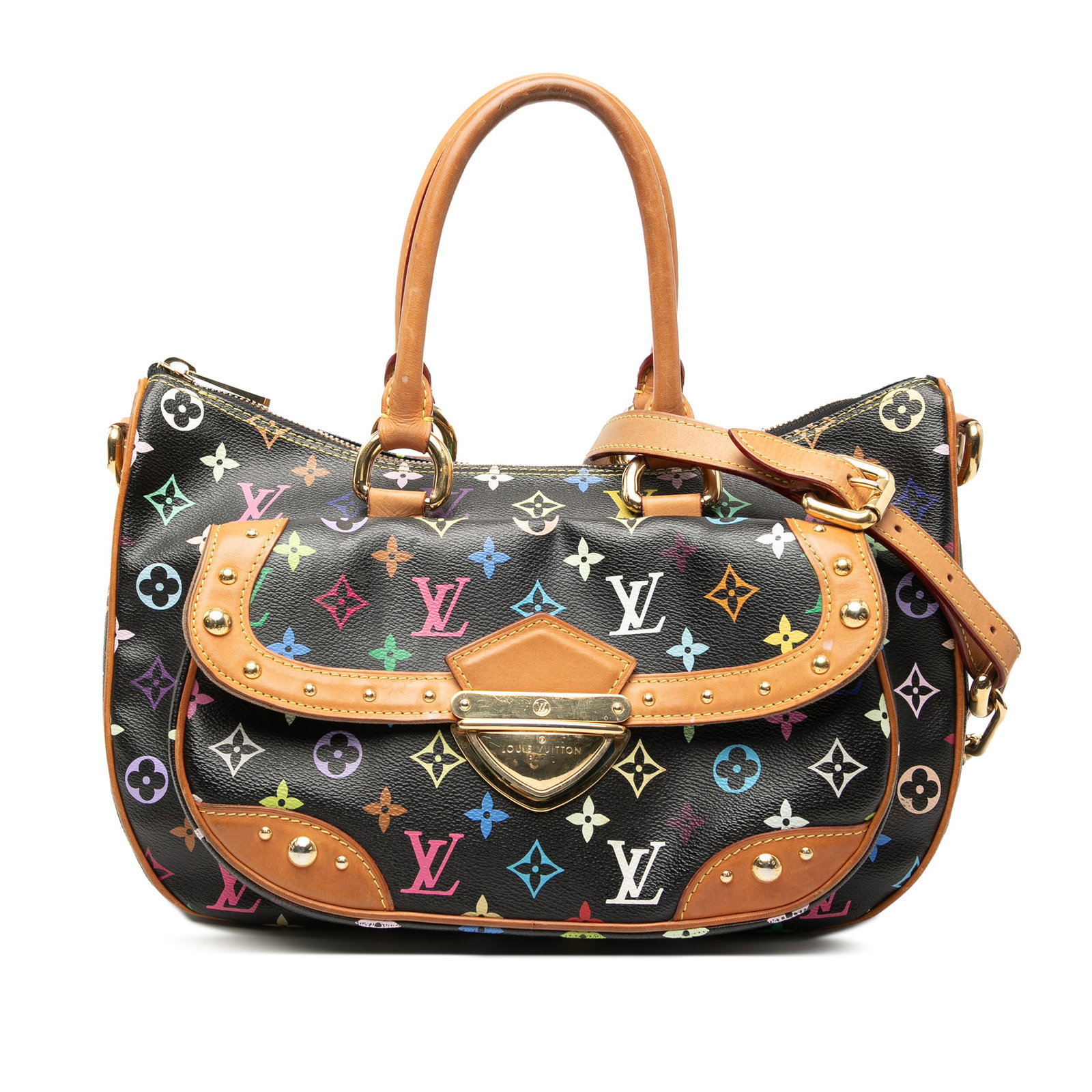 Louis Vuitton Multicolore Rita Handbag with Vachetta Leather Trim: Louis Vuitton Multicolore Rita Handbag with Vachetta Leather Trim The Louis Vuitton Monogram Multicolore Rita bag features a canvas body with the iconic multicolore monogram pattern, complemented by v