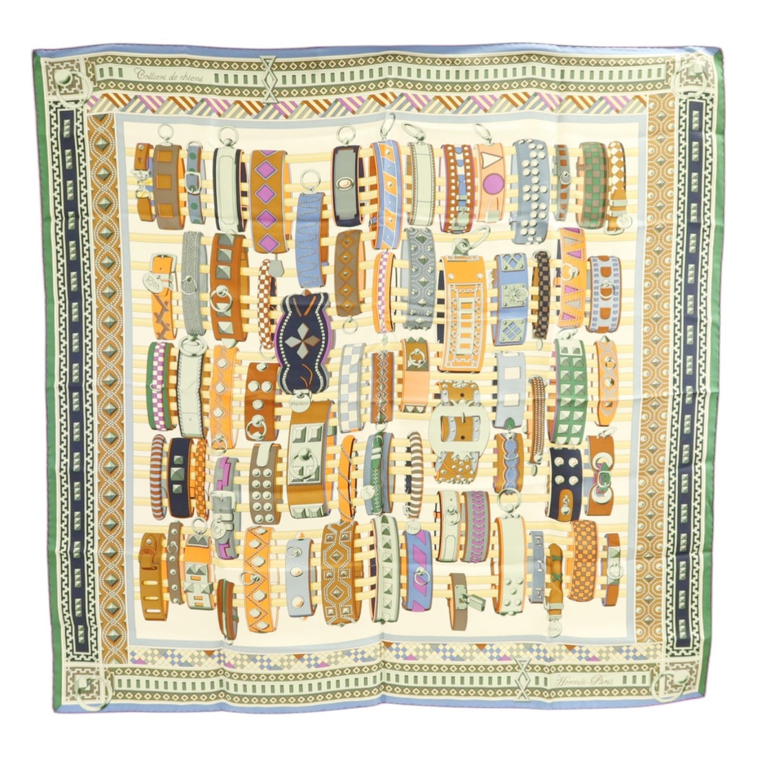 Hermes Silk Scarf Green Multicolor 90x90cm: Hermes Silk Scarf Green Multicolor 90x90cm Hermes silk scarf in green and multicolor, featuring a classic square design. This women's accessory offers a luxurious touch with its vibrant hues and elega