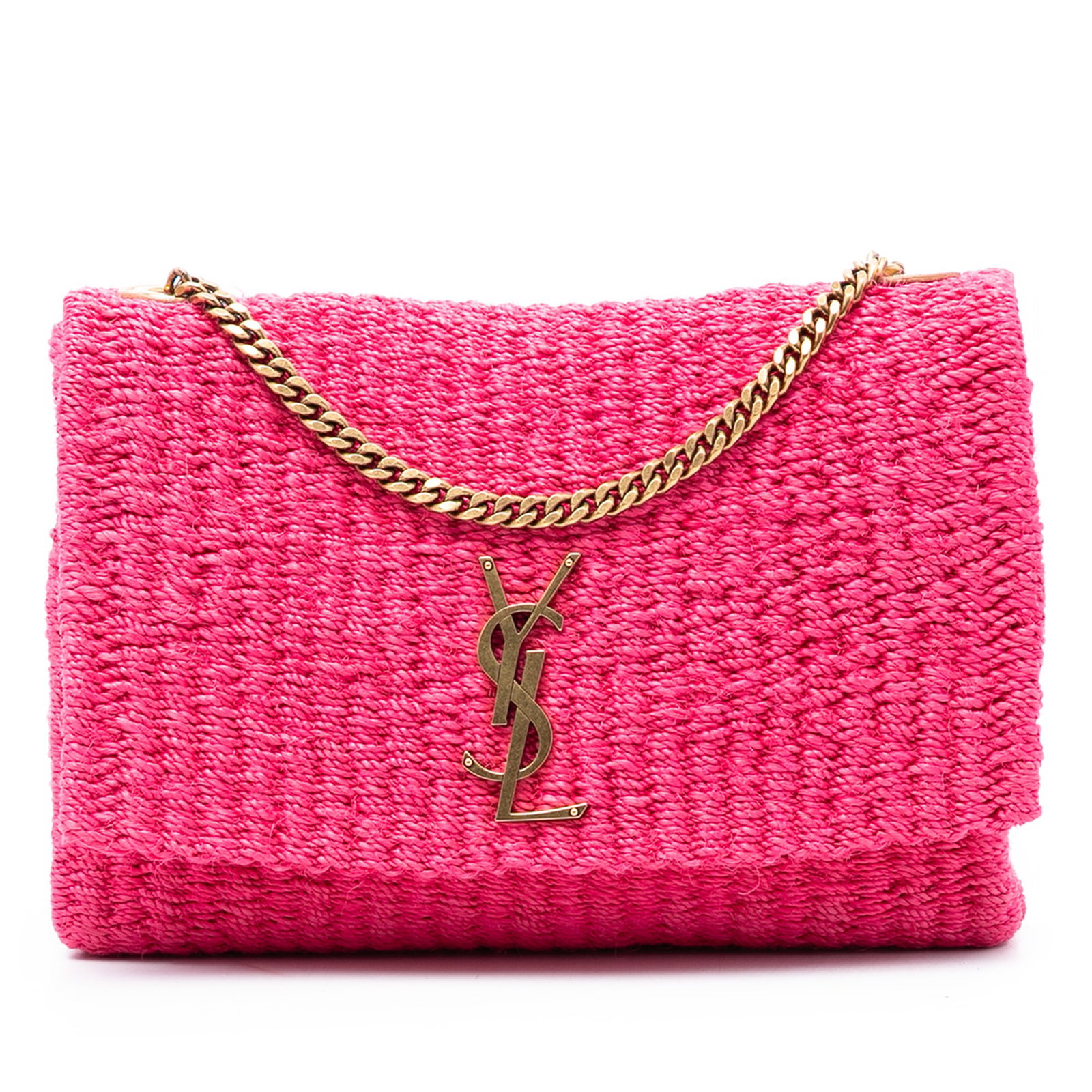 Saint Laurent Kate Medium Pink Raffia Crossbody Bag with YSL Logo: Saint Laurent Kate Medium Pink Raffia Crossbody Bag with YSL Logo This Saint Laurent Medium Raffia Monogram Kate Crossbody bag features a natural raffia body in pink, complemented by a curb chain link