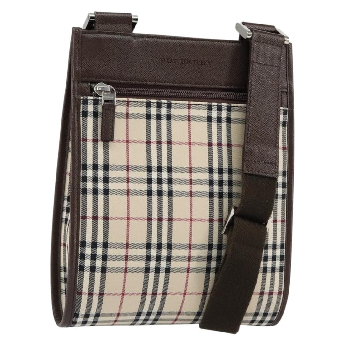 BURBERRY Nova Check Beige Canvas Shoulder Bag Silver Auth: BURBERRY Nova Check Beige Canvas Shoulder Bag Silver Auth This authentic Burberry Nova Check Shoulder Bag is a stylish accessory crafted from durable canvas in a chic beige and silver color scheme. De
