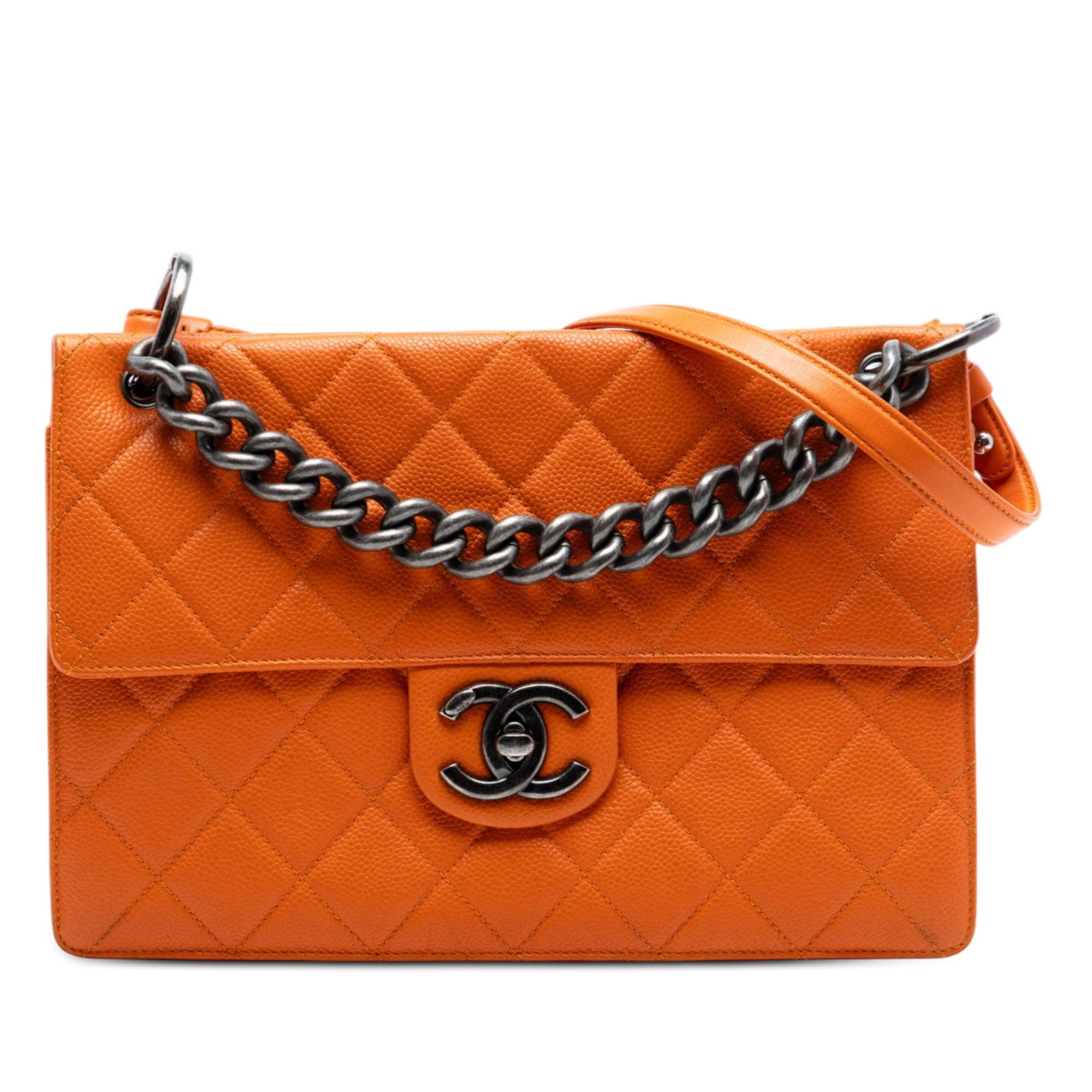 Chanel Retro Class Flap Orange Quilted Caviar Leather Shoulder Bag: Chanel Retro Class Flap Orange Quilted Caviar Leather Shoulder Bag This Chanel Retro Class Flap bag showcases a quilted caviar leather body in orange, complemented by a flap with a turn-lock closure, 