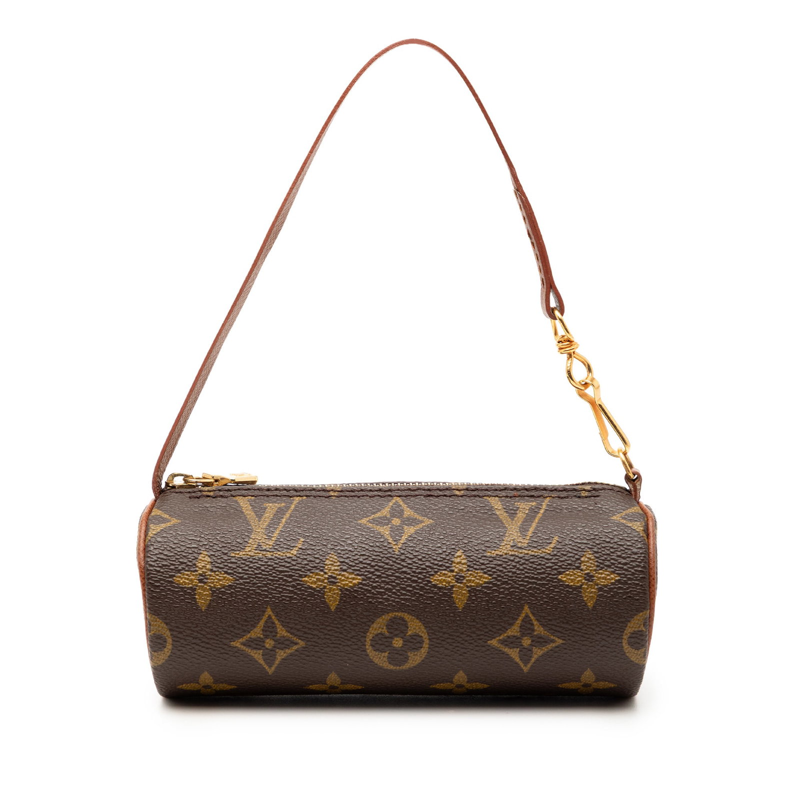 Louis Vuitton Papillon Pochette Brown Monogram Canvas Bag with Leather Strap: Louis Vuitton Papillon Pochette Brown Monogram Canvas Bag with Leather Strap The Louis Vuitton Monogram Papillon Pochette features a classic monogram canvas body, a flat leather strap, and a top zip c