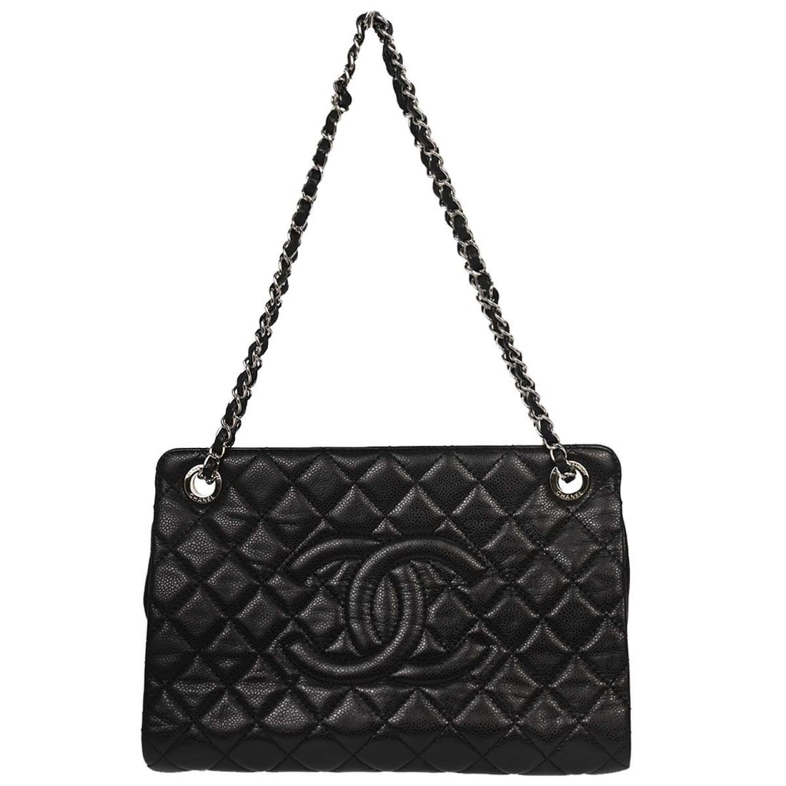 CHANEL Black Caviar Leather Tote Bag Double Handles: CHANEL Black Caviar Leather Tote Bag Double Handles This Chanel tote bag is crafted from black caviar skin leather and features double handles for comfortable carrying. The bag is designed in a medium