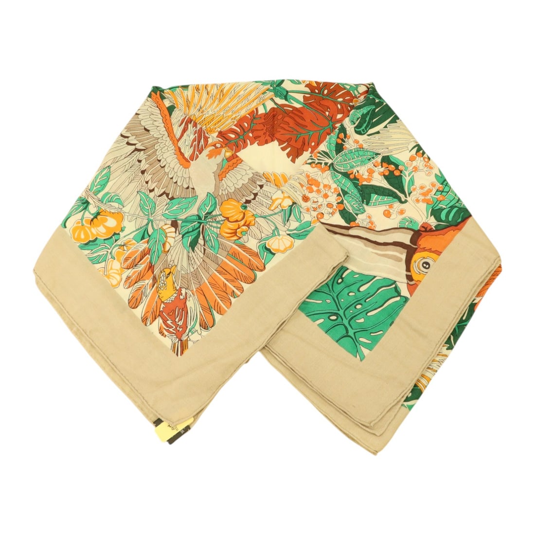 Hermes Cashmere 140x140 Beige Multicolor Women Scarf: Hermes Cashmere 140x140 Beige Multicolor Women Scarf This Hermes scarf features a luxurious cashmere material in a multicolor palette of beige, orange, green, and other tones. Designed for women, it o