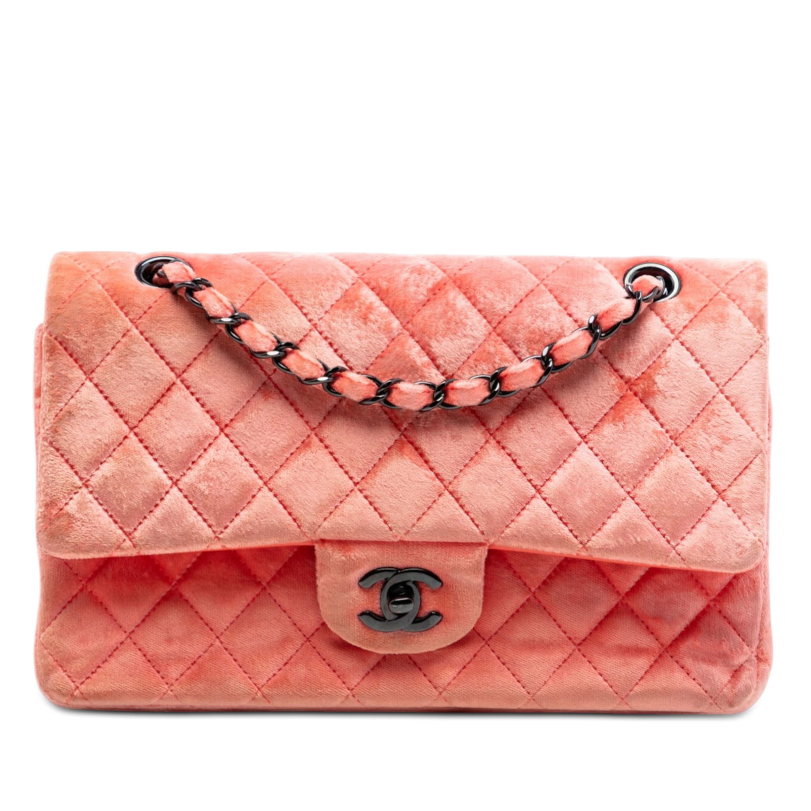 Pink Velvet Medium Classic Double Flap Shoulder Bag by Chanel: Pink Velvet Medium Classic Double Flap Shoulder Bag by Chanel This Chanel Medium Classic Velvet Double Flap shoulder bag features a quilted velvet exterior in pink, accented by leather-woven chain str