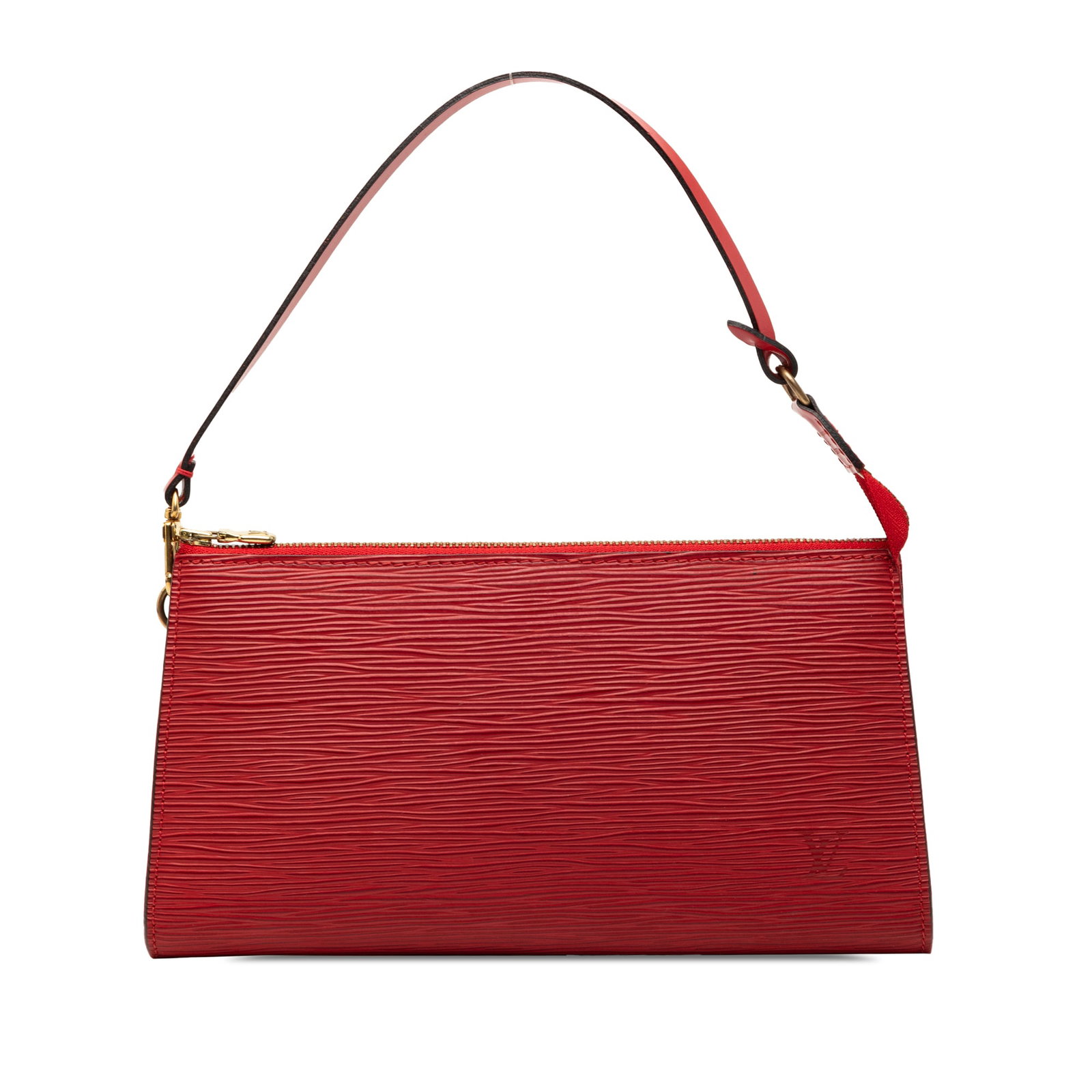 Red Epi Leather Pochette Accessoires Bag by Louis Vuitton: Red Epi Leather Pochette Accessoires Bag by Louis Vuitton This Louis Vuitton Epi Pochette Accessoires features a red epi leather body, a flat leather shoulder strap, and a top zip closure. The bag sho