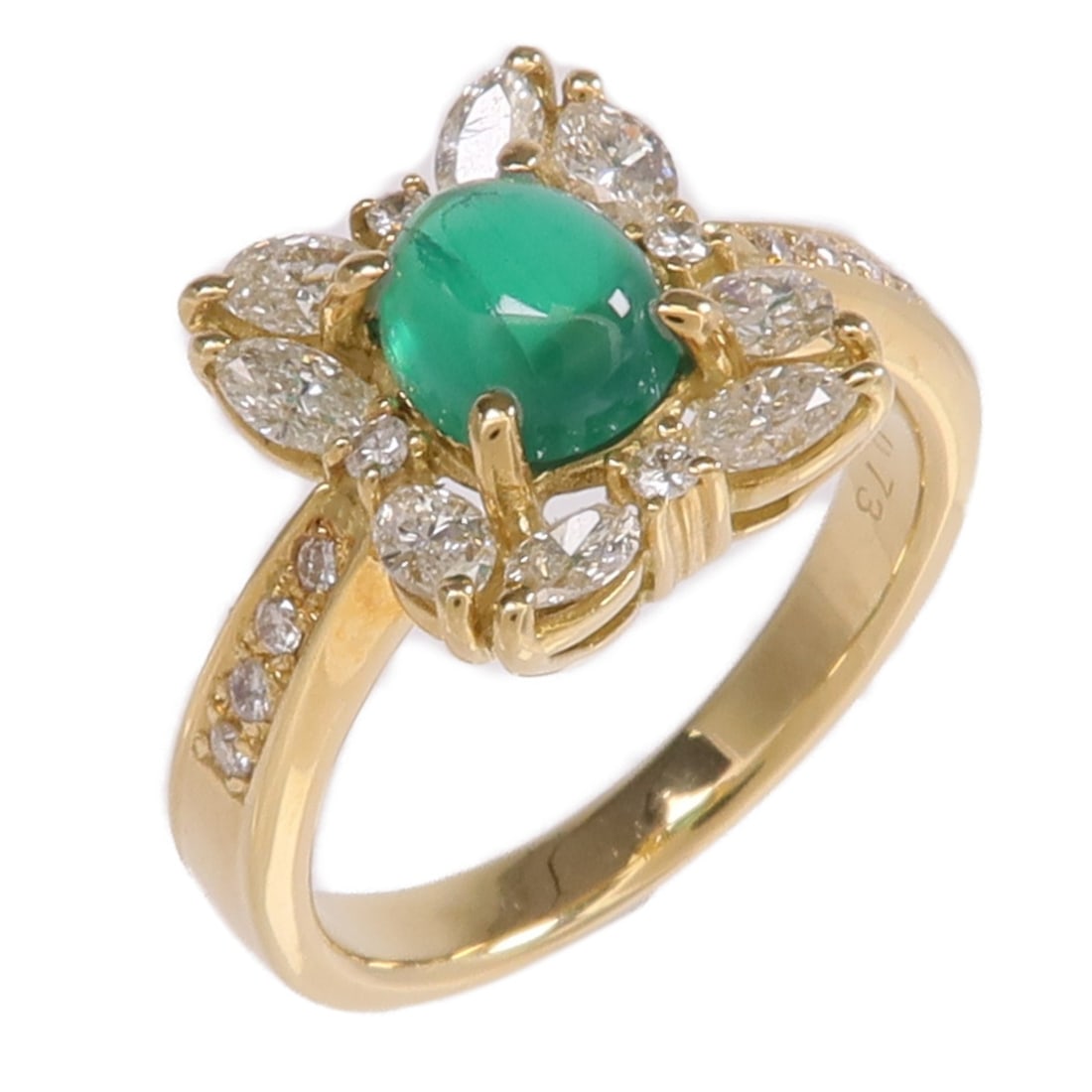 Emerald Diamond 18K Yellow Gold Ring US 6.25 JEWELRY: Emerald Diamond 18K Yellow Gold Ring US 6.25 JEWELRY This elegant women's ring features a vibrant emerald as the centerpiece, set in 18K yellow gold. The ring is designed in a classic style and is siz