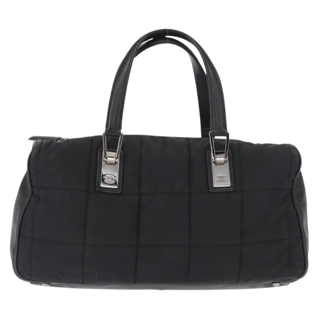 Chanel Quilted Nylon Boston Bag Square Stitch Design: Chanel Quilted Nylon Boston Bag Square Stitch Design Chanel Square Stitch Boston Bag in black nylon designed for unisex use. This bag features a quilted pattern and metal fittings with slight wear. It