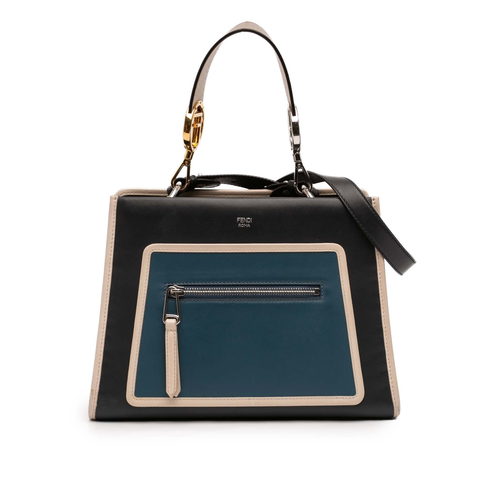 Fendi Blue Leather Runaway Small Satchel with Top Handle and Strap: Fendi Blue Leather Runaway Small Satchel with Top Handle and Strap This Fendi Small Leather Runaway Satchel features a blue leather body with a flat top handle and a detachable, adjustable flat strap.