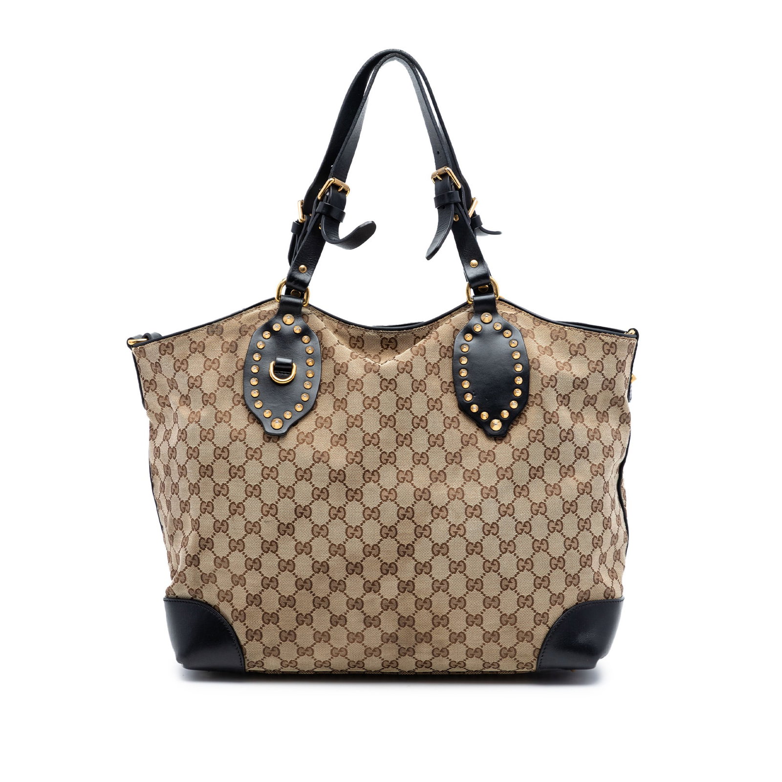 Gucci GG Canvas Patti Hobo with Studded Leather Trim: Gucci GG Canvas Patti Hobo with Studded Leather Trim This Gucci GG Canvas Patti Studded Hobo features a beige canvas body complemented by studded leather trim and adjustable flat leather handles. The 