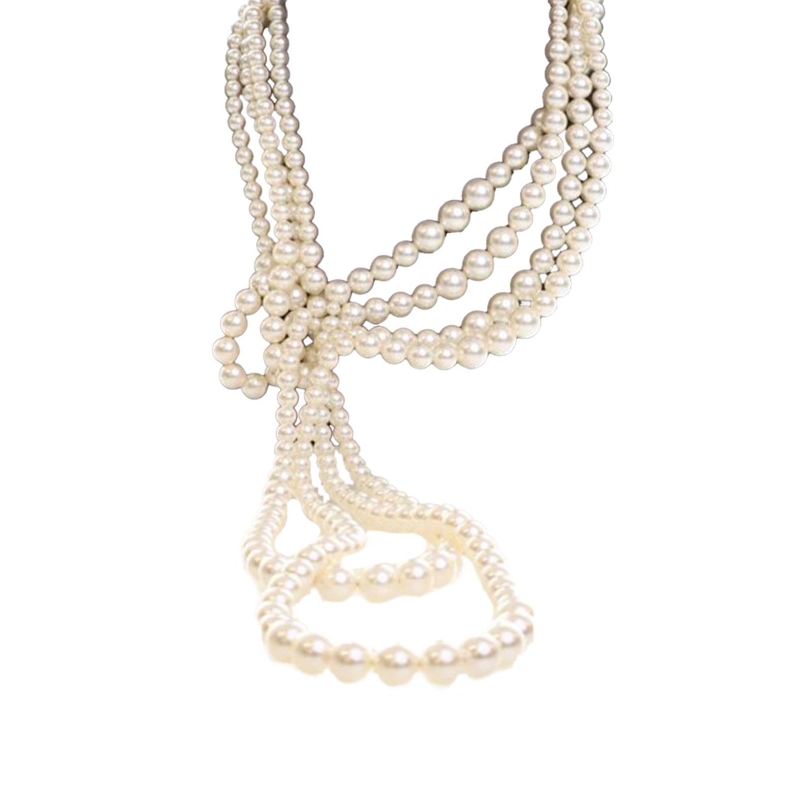 Chanel White Faux Pearl Multi Strand Knotted Necklace: Chanel White Faux Pearl Multi Strand Knotted Necklace This Chanel necklace features multiple strands of knotted faux pearls and is secured with a lobster clasp closure. The piece is categorized as cos