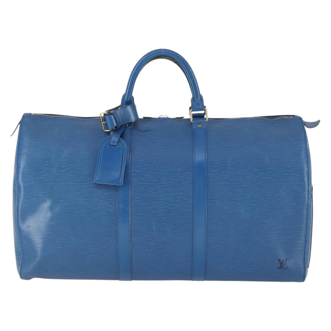 Keepall Epi Leather Blue Travel Bag by Louis Vuitton: Keepall Epi Leather Blue Travel Bag by Louis Vuitton This Louis Vuitton Keepall Bag is crafted from blue Epi leather and designed for unisex use. It features a spacious interior suitable for travel or
