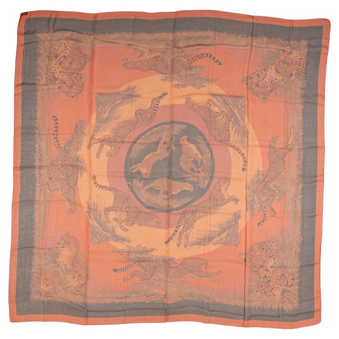 Hermes Guepards Silk Chiffon Shawl 54in France 20th Century: Hermes Guepards Silk Chiffon Shawl 54in France 20th Century Introducing the exquisite Hermes "Guepards" Silk Chiffon Shawl, a stunning piece that embodies elegance and luxury. This shawl features a vi
