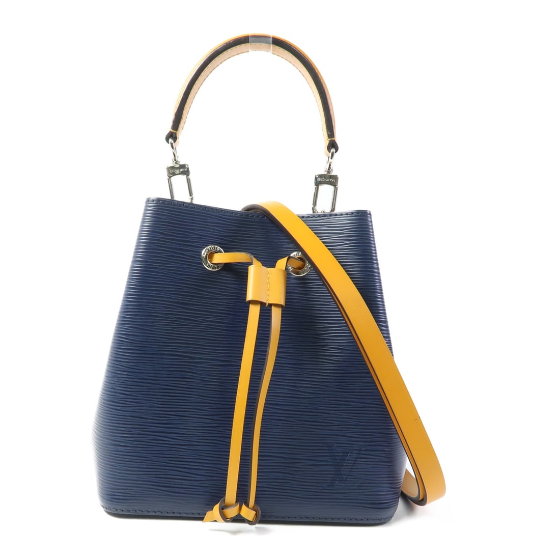 Louis Vuitton Neo Noe BB 2 Way Bag Calfskin Navy Yellow: Louis Vuitton Neo Noe BB 2 Way Bag Calfskin Navy Yellow Introducing the Louis Vuitton Neo Noe BB 2 Way Bag, a stylish and versatile accessory crafted in premium calfskin (cowhide) leather. This chic b