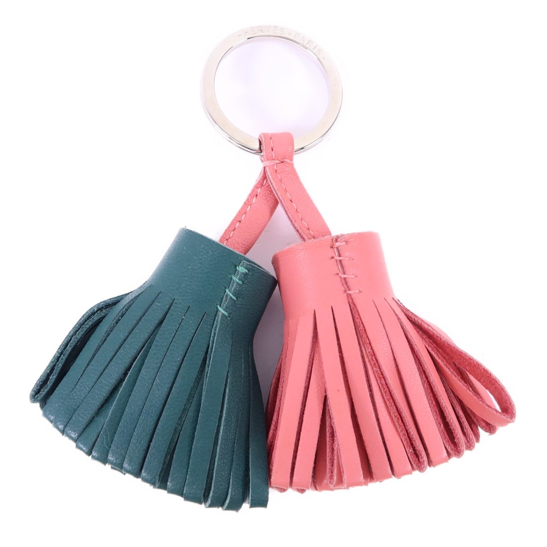 Carmen Duo Pink and Green Lambskin Key Ring by Hermes: Carmen Duo Pink and Green Lambskin Key Ring by Hermes This Hermes Carmen Duo key ring is crafted from Milo lambskin leather in pink and green, offering a stylish and functional accessory. Made in Fran