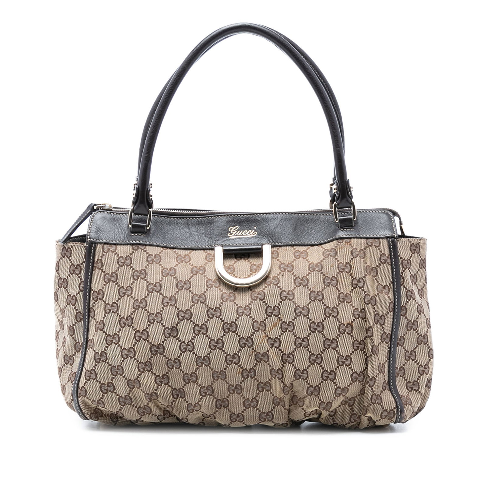 Gucci Abbey D Ring Tote Bag in GG Canvas with Leather Trim: Gucci Abbey D Ring Tote Bag in GG Canvas with Leather Trim This Gucci GG Canvas Abbey D Ring Tote features a beige canvas body with leather trim, rolled leather straps, a top zip closure, and interior