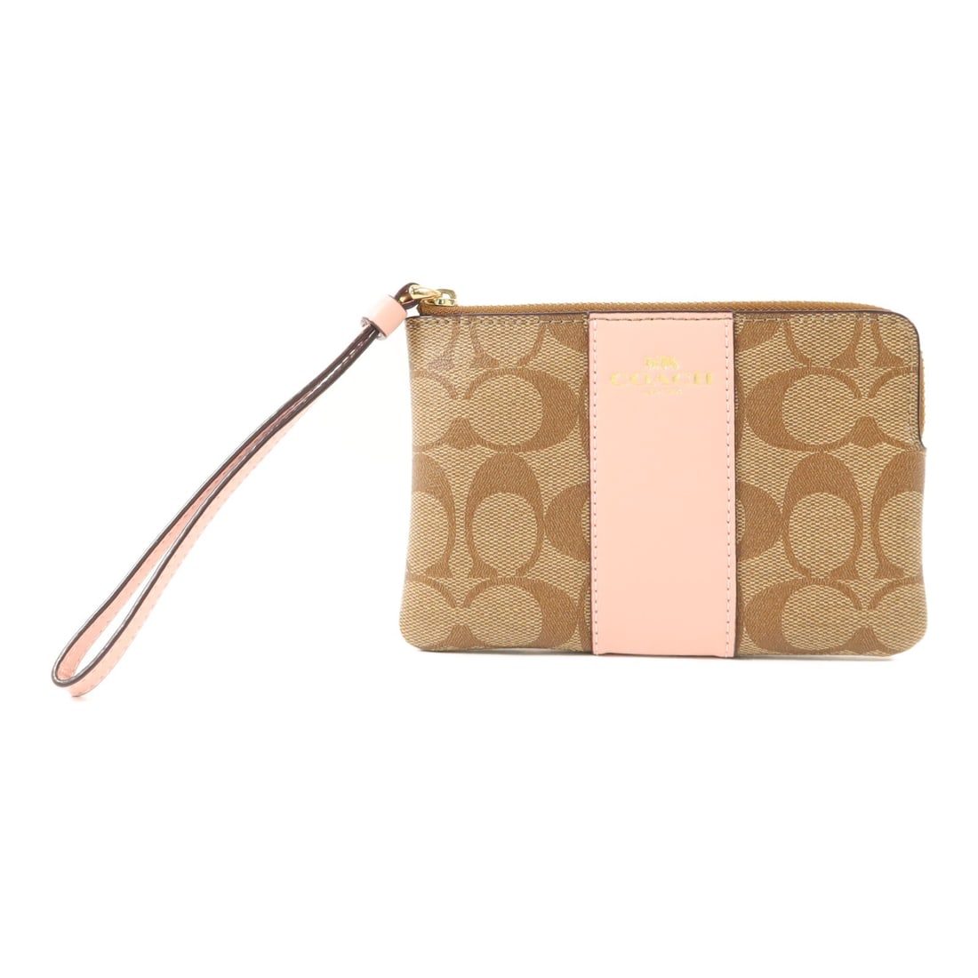 COACH Brown Pink PVC Coated Canvas Pouch GHW: COACH Brown Pink PVC Coated Canvas Pouch GHW This COACH pouch is crafted from durable PVC coated canvas in a stylish brown color with pink accents. Designed for women, it features a sleek and compact 