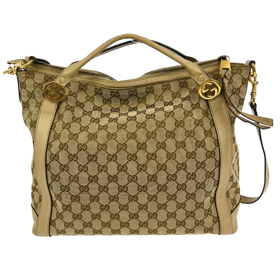 Gucci GG Beige Canvas Large Vintage Two Way Tote Handbag 328675 213048: Gucci GG Beige Canvas Large Vintage Two Way Tote Handbag 328675 213048 This Gucci Beige Canvas GG Tote 2-way Handbag combines elegance with practicality. Made from durable canvas leather, this vintage