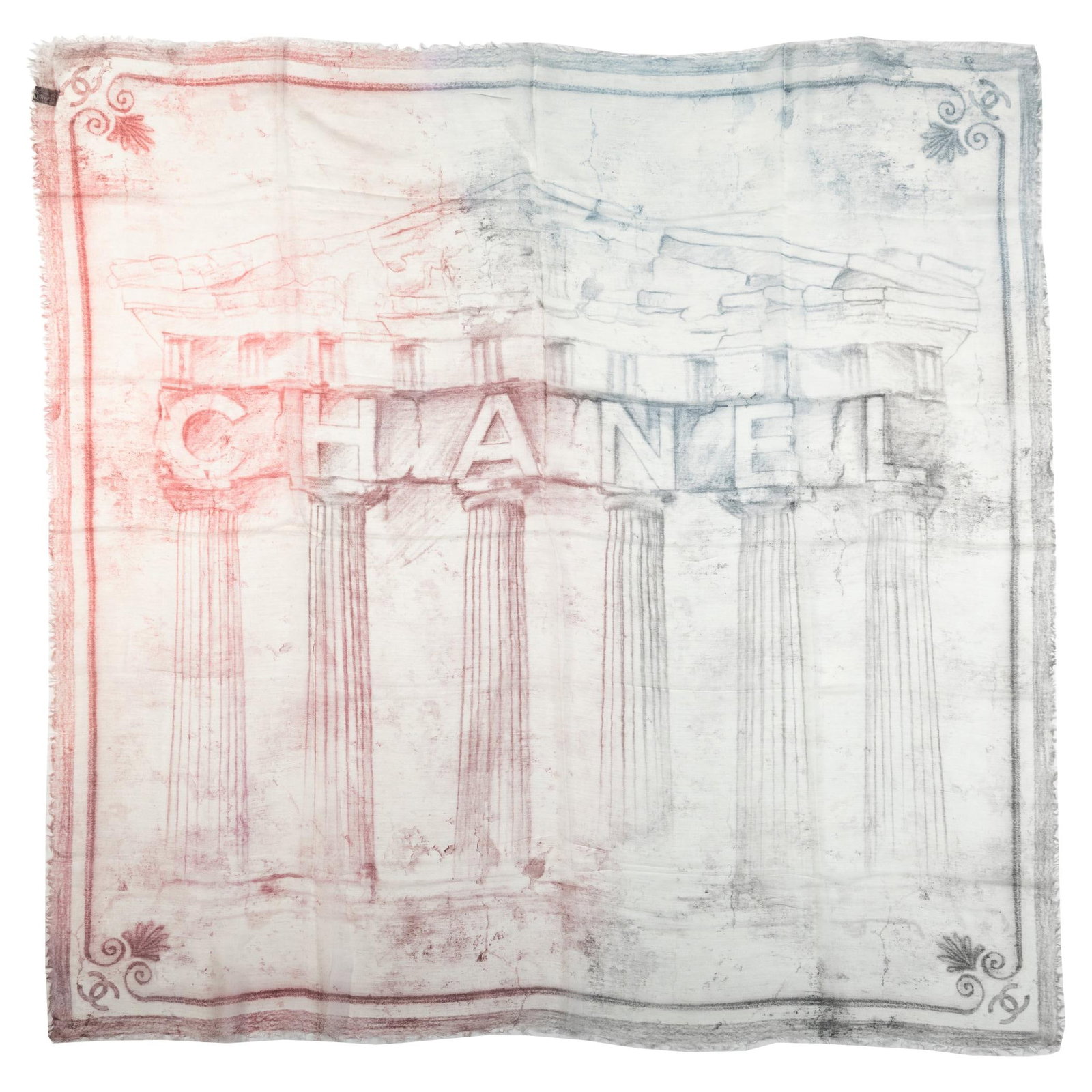 Chanel Greek Cashmere Silk Multicolor 52 inch Shawl Italy: Chanel Greek Cashmere Silk Multicolor 52 inch Shawl Italy Elevate your style with this exquisite Chanel Greek Cashmere Multicolor Shawl, featuring a stunning blend of red, cream, and blue. Crafted in 